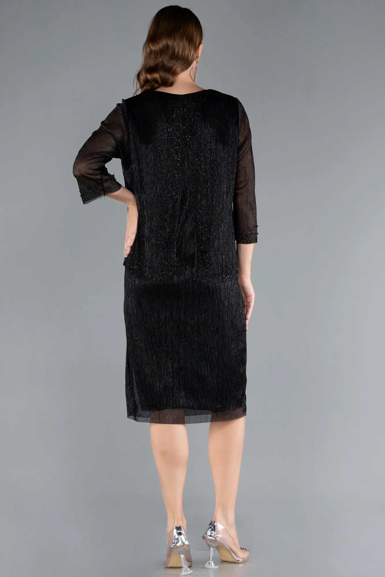 Black-Capri Sleeve Beaded Midi Invitation Dress ABK2292