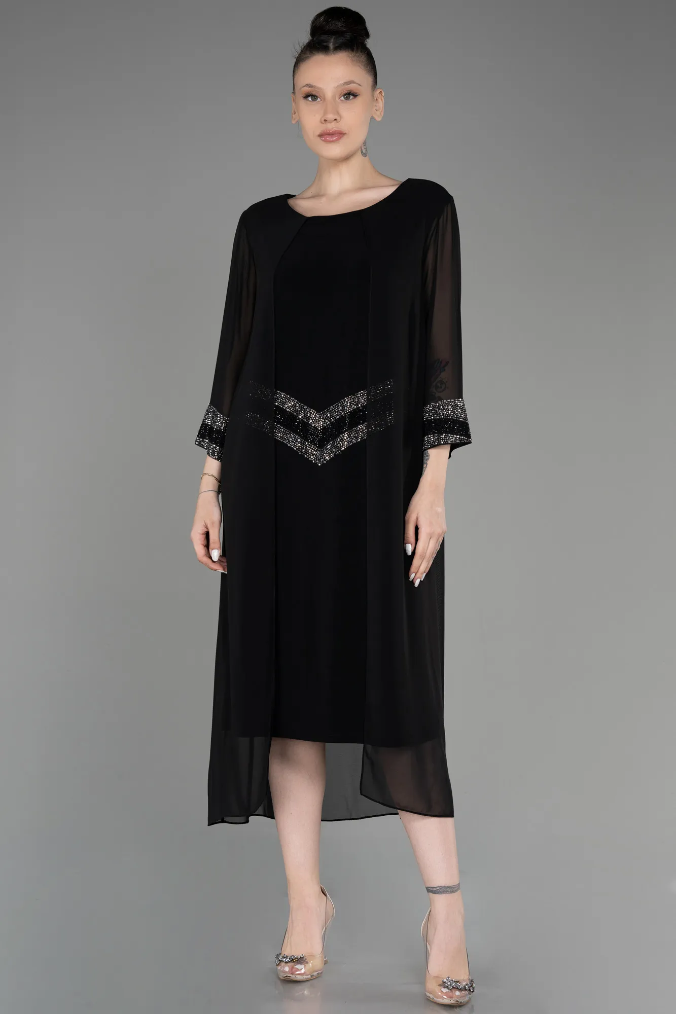 Black-Capri Sleeve Midi Chiffon Plus Size Invitation Dress ABK2061