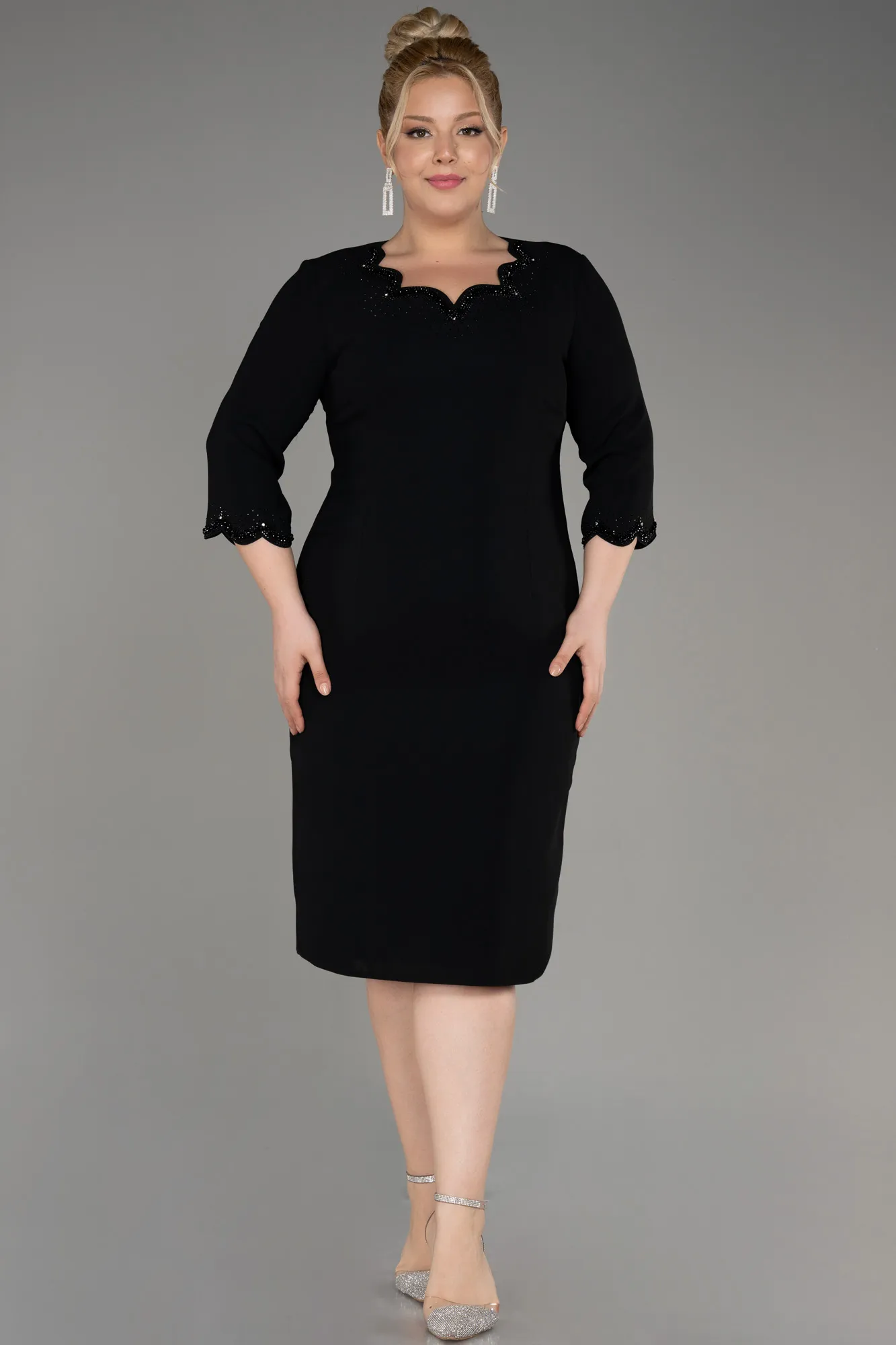 Black-Capri Sleeve Midi Plus Size Evening Dress ABK2095