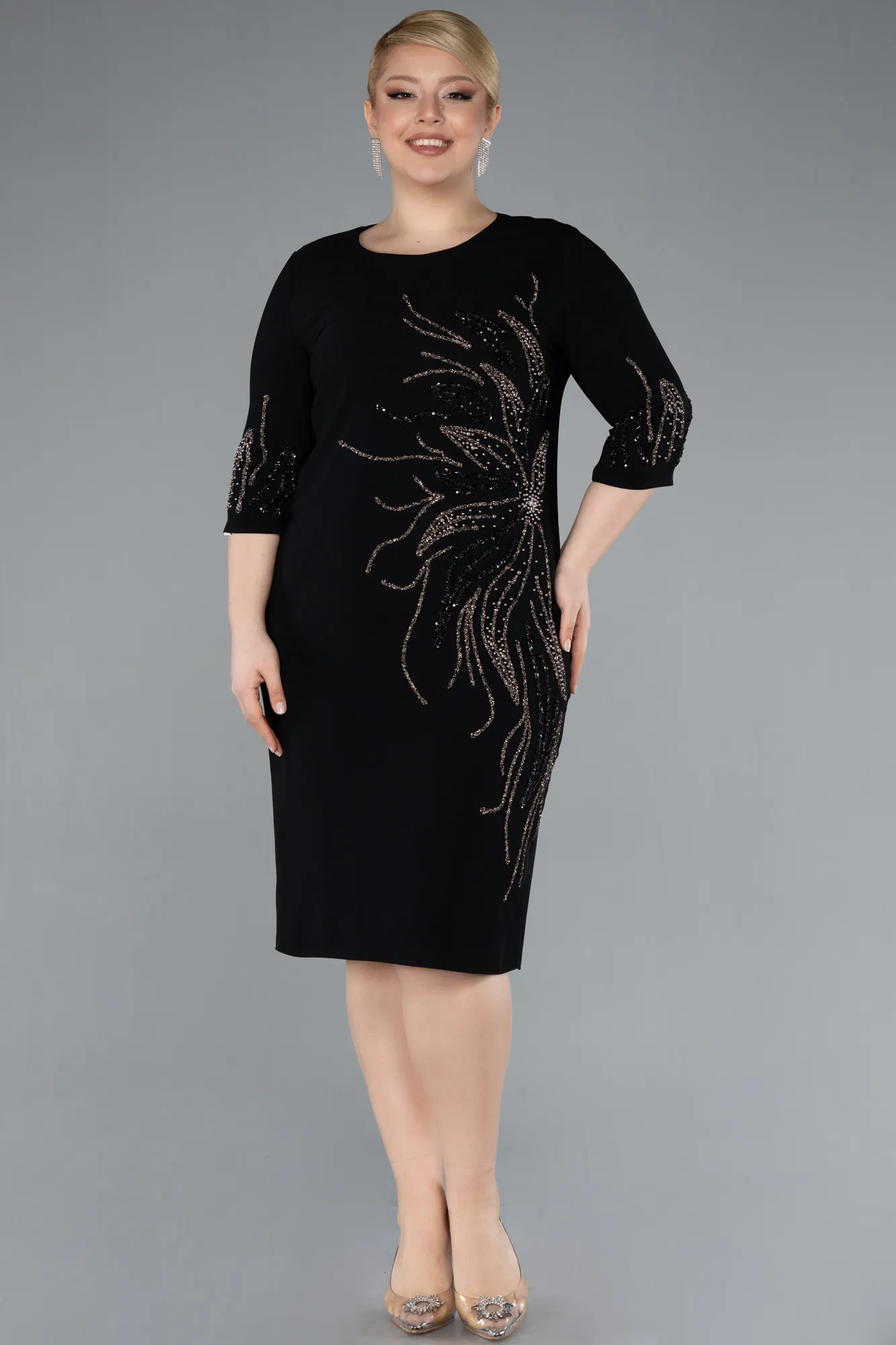 Black-Capri Sleeve Stone Embroidered Midi Plus Size Evening Dress ABK2291