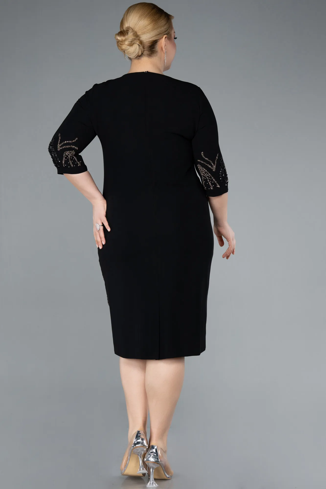 Black-Capri Sleeve Stone Embroidered Midi Plus Size Evening Dress ABK2291