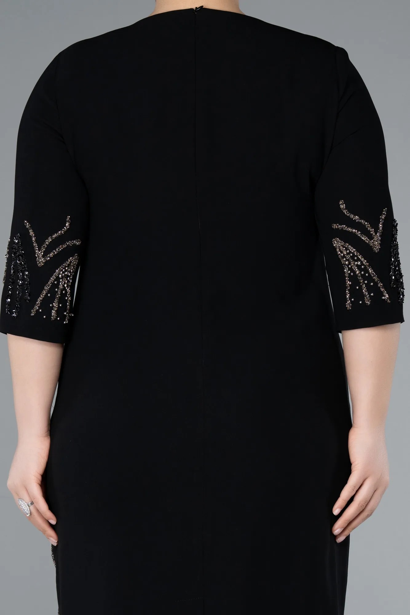 Black-Capri Sleeve Stone Embroidered Midi Plus Size Evening Dress ABK2291