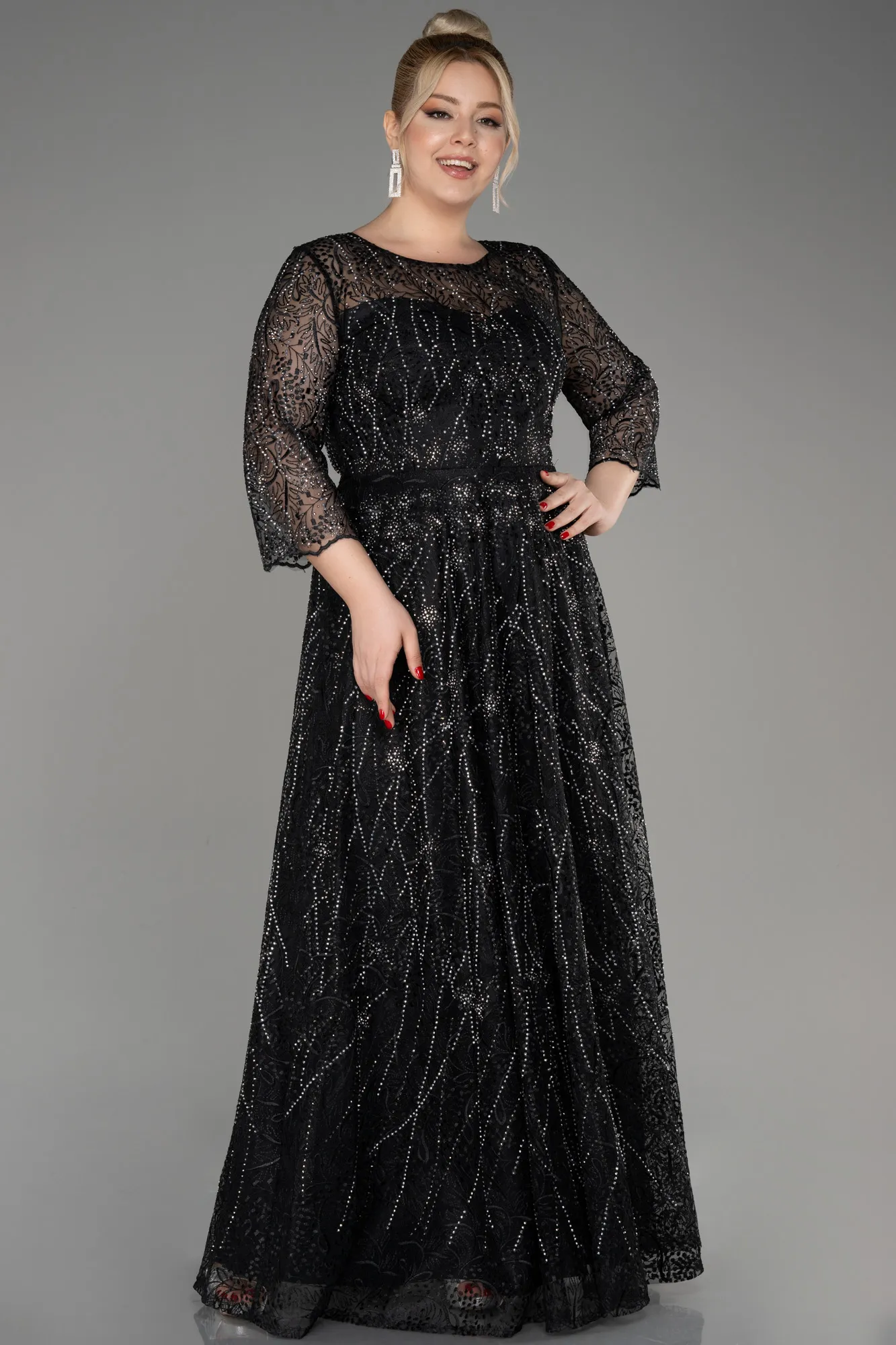 Black-Capri Sleeve Stone Long Guipure Plus Size Evening Dress ABU3929