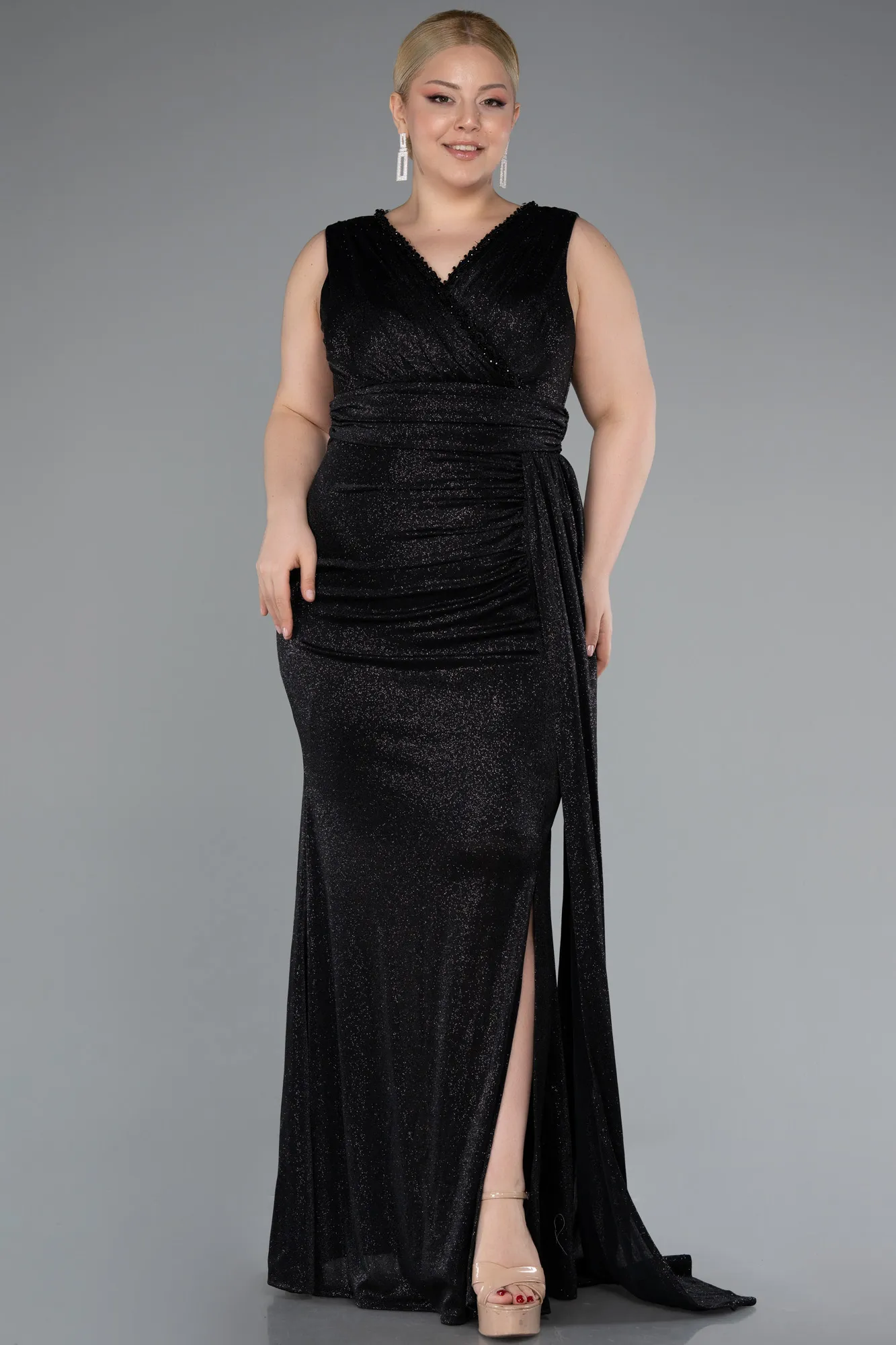 Black-Double Breasted Slit Long Glittery Plus Size Evening Dress ABU5007