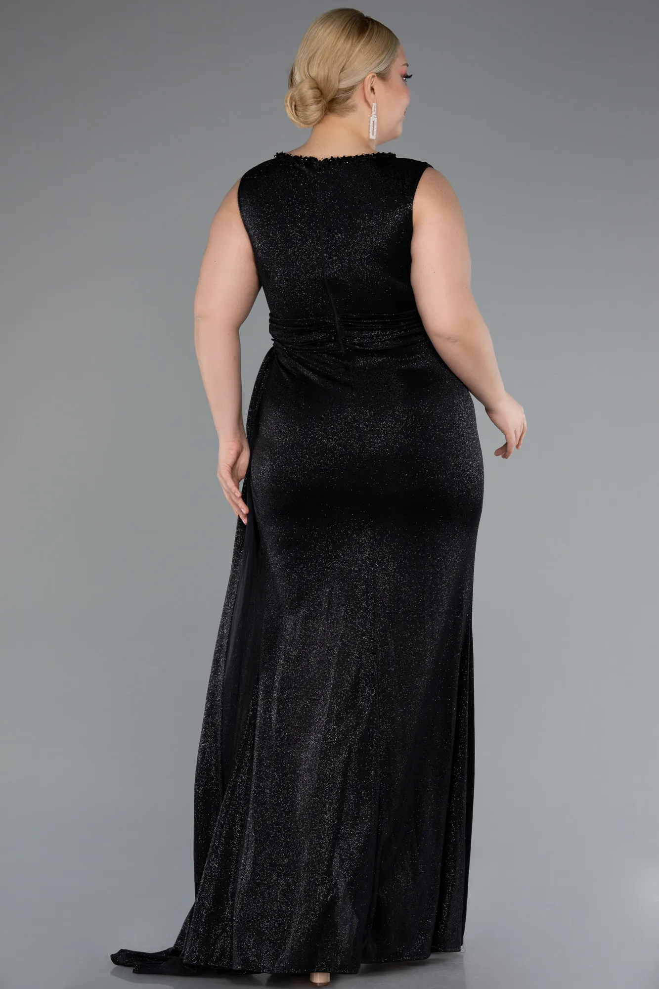 Black-Double Breasted Slit Long Glittery Plus Size Evening Dress ABU5007