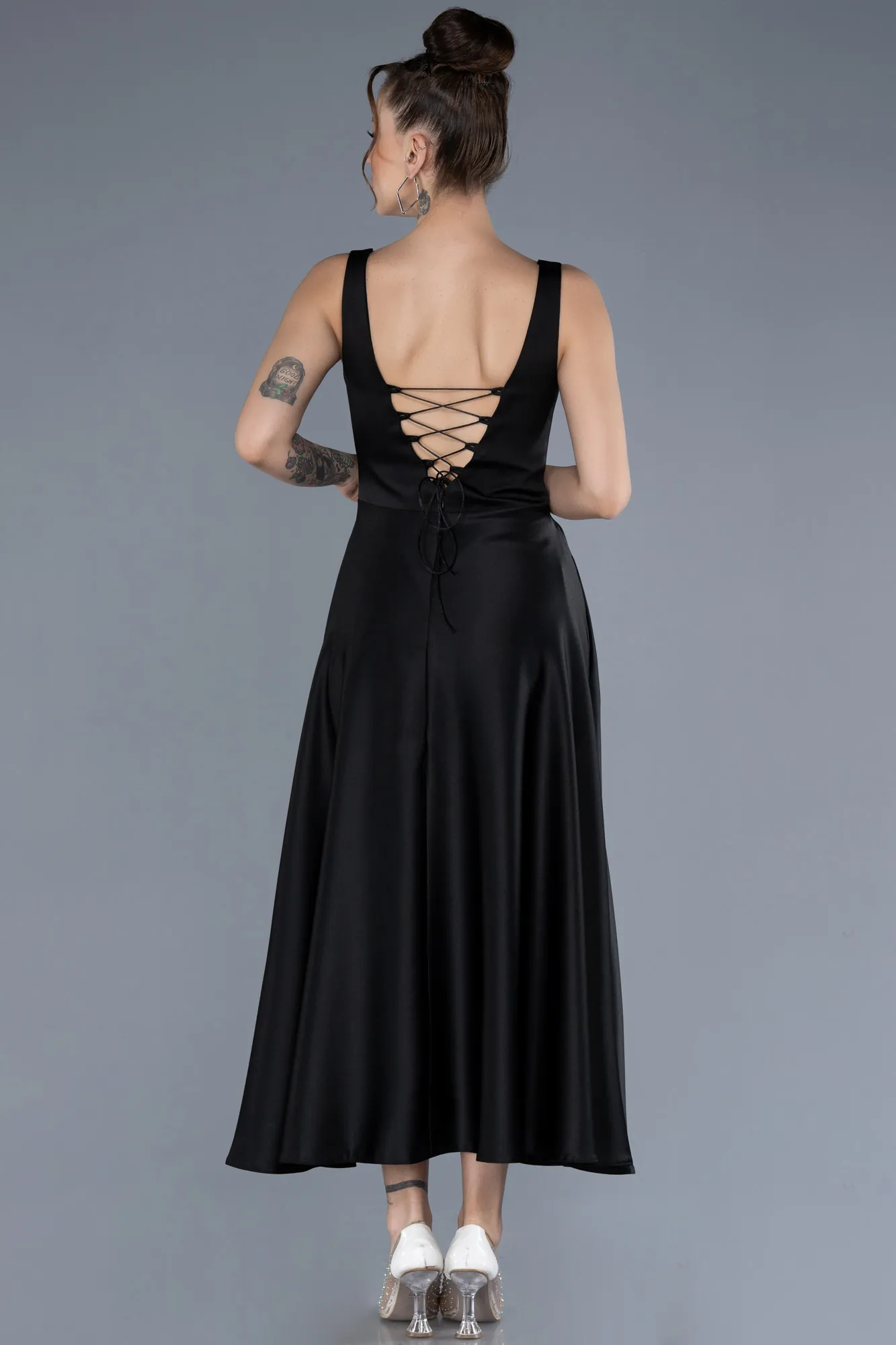 Black-Elegant Scoop Neck Sleeveless Midi Satin Cocktail Dress ABK2234
