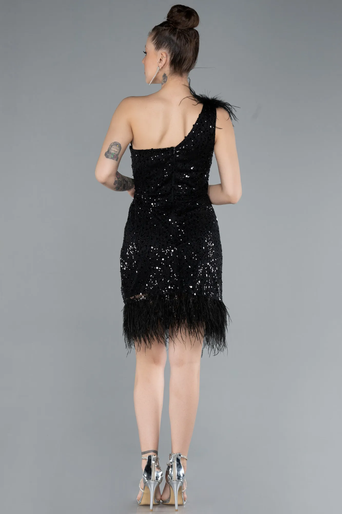 Black-Feathered One Shoulder Short Scaly Evening Dress ABK2256