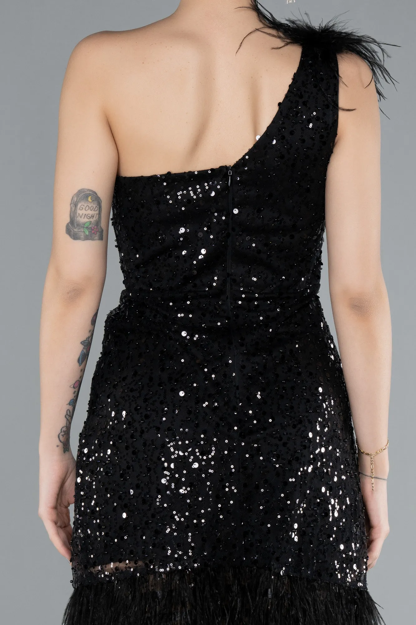Black-Feathered One Shoulder Short Scaly Evening Dress ABK2256