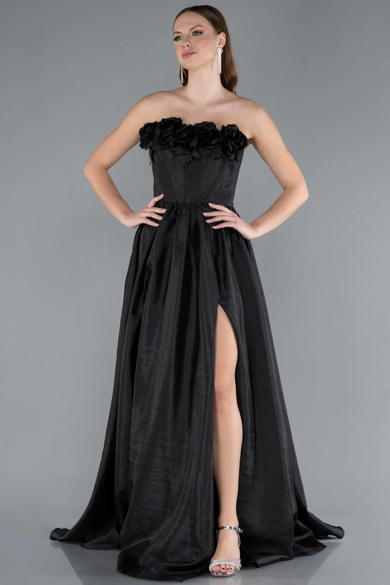 Black-Floral Strapless Collar Slit Long Prom Gown ABU4337
