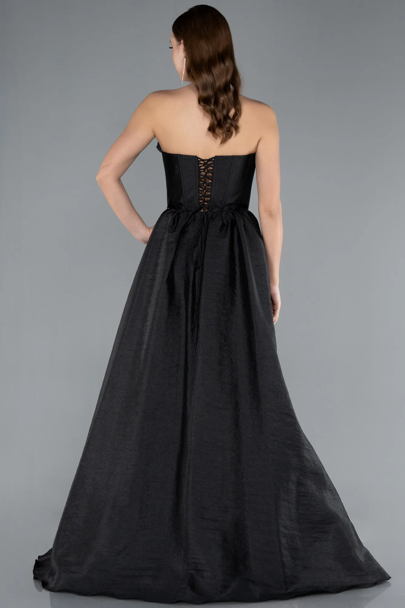 Black-Floral Strapless Collar Slit Long Prom Gown ABU4337