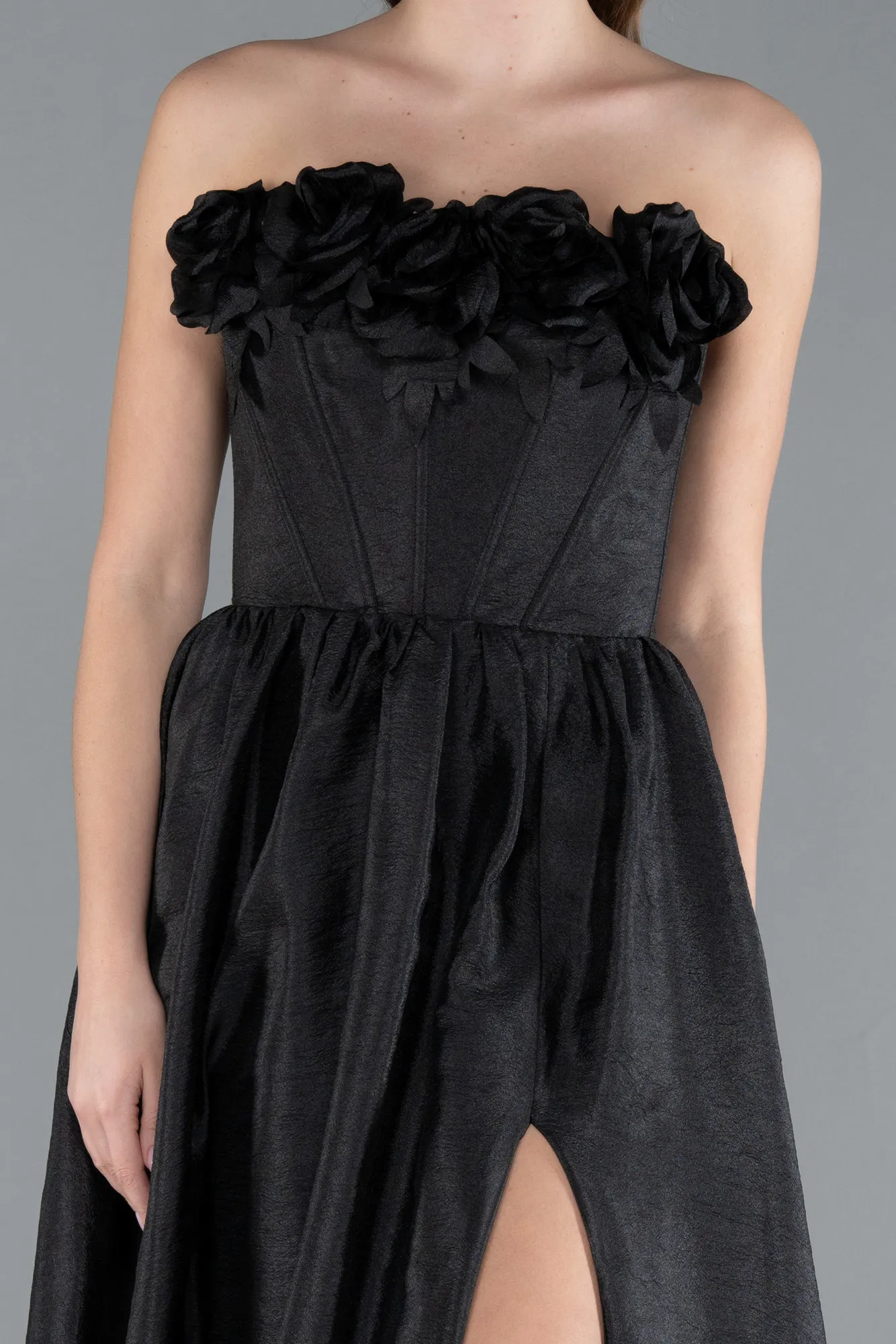 Black-Floral Strapless Collar Slit Long Prom Gown ABU4337