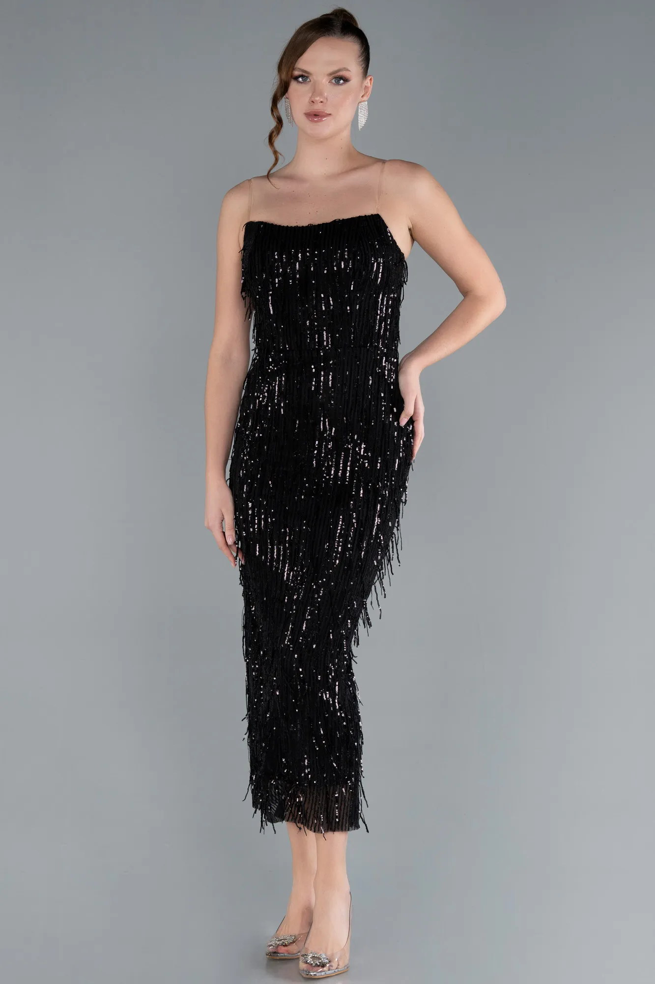 Black-Fringe Sequin Midi Party Dress ABK2280