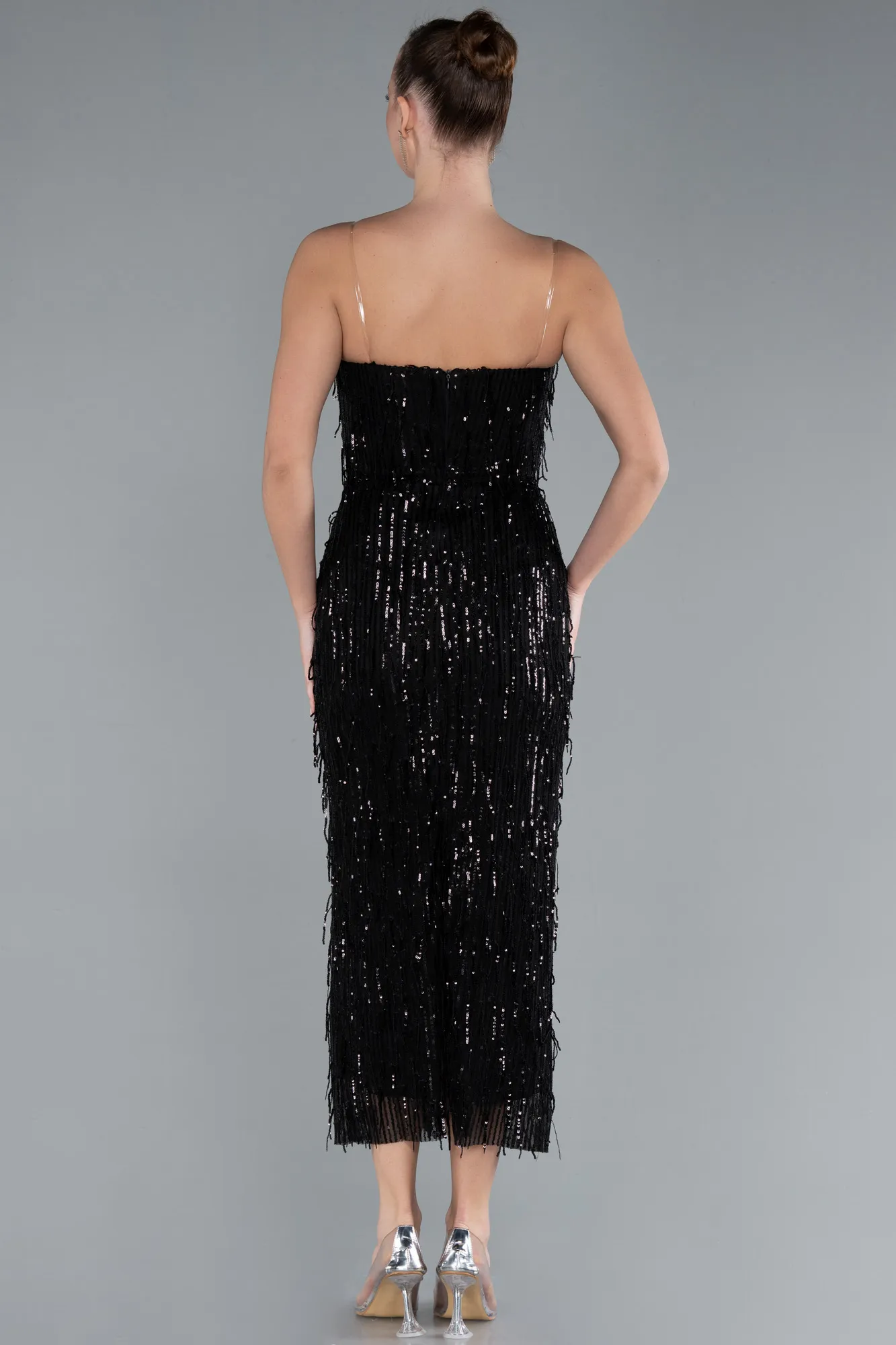 Black-Fringe Sequin Midi Party Dress ABK2280