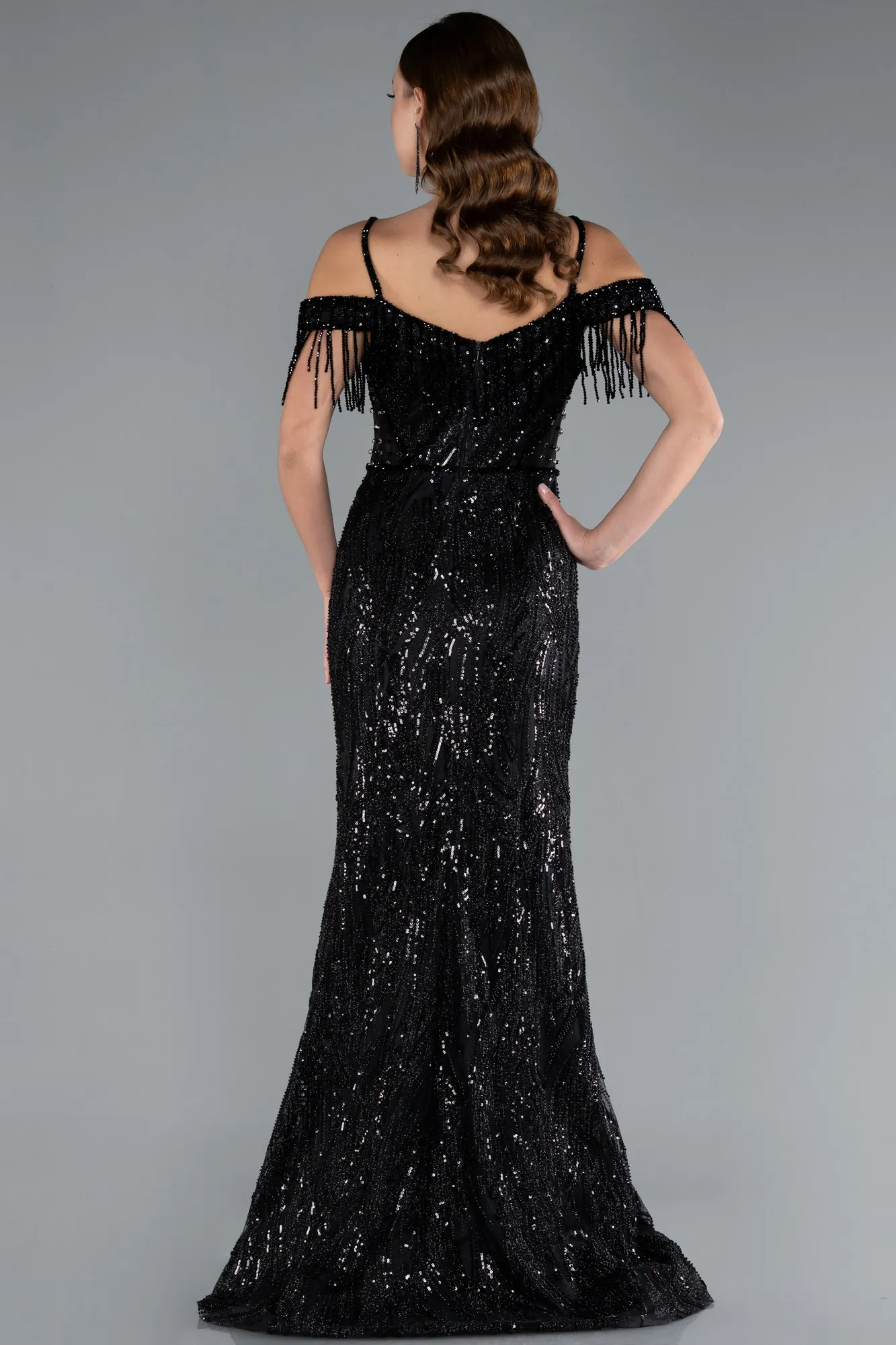 Black-Fringe Sleeves Sequin Cold Shoulder Evening Gown ABU4837