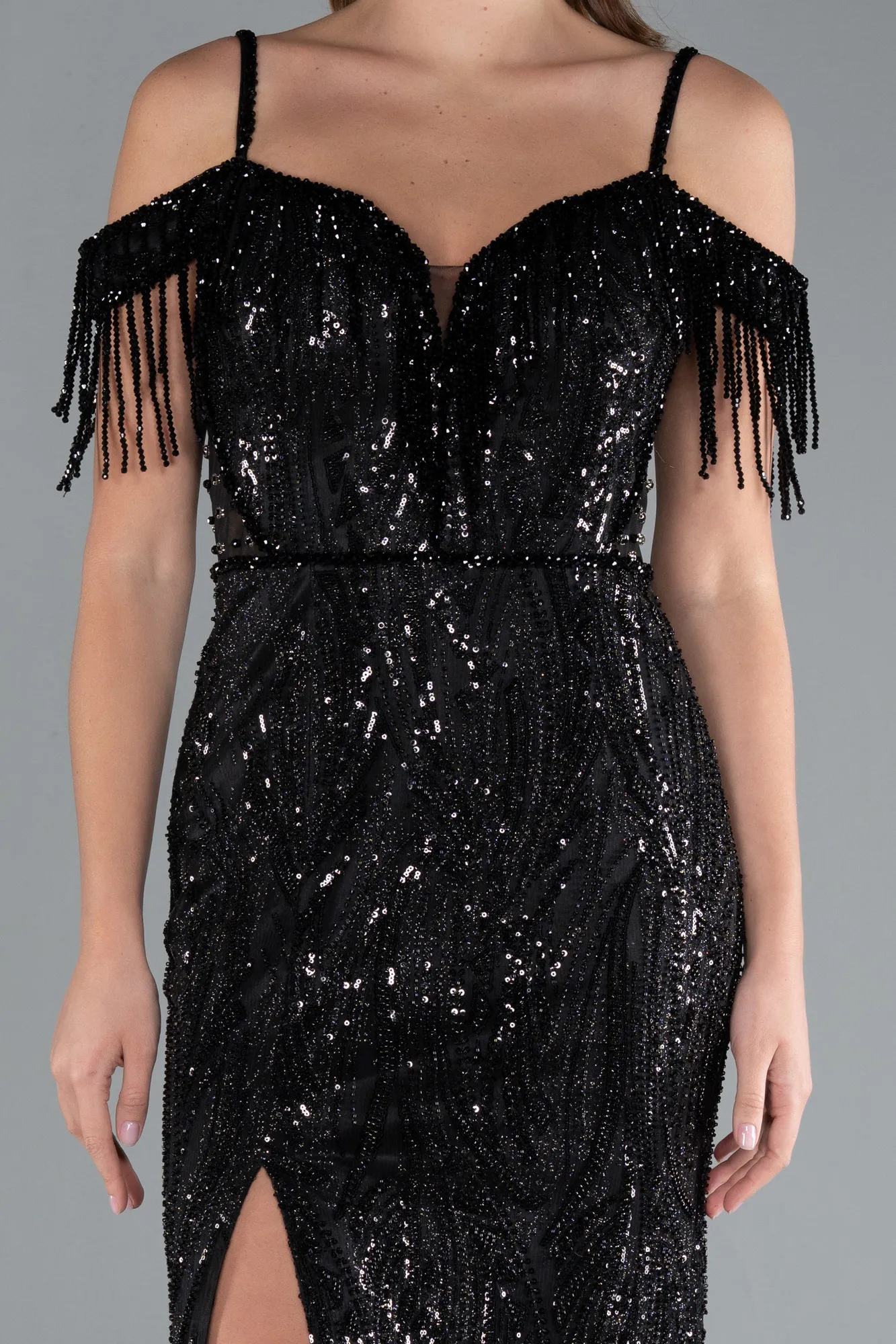 Black-Fringe Sleeves Sequin Cold Shoulder Evening Gown ABU4837