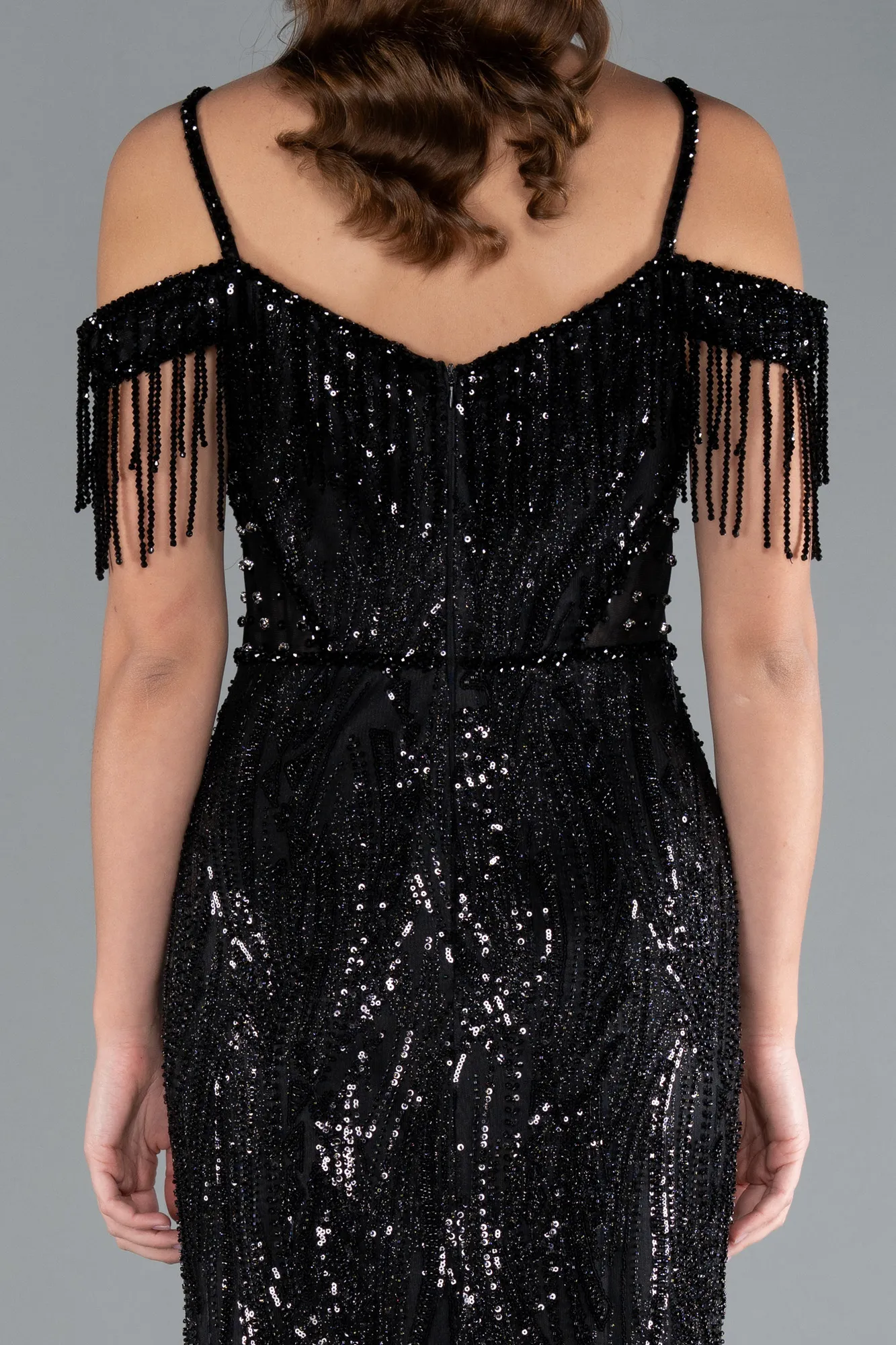 Black-Fringe Sleeves Sequin Cold Shoulder Evening Gown ABU4837