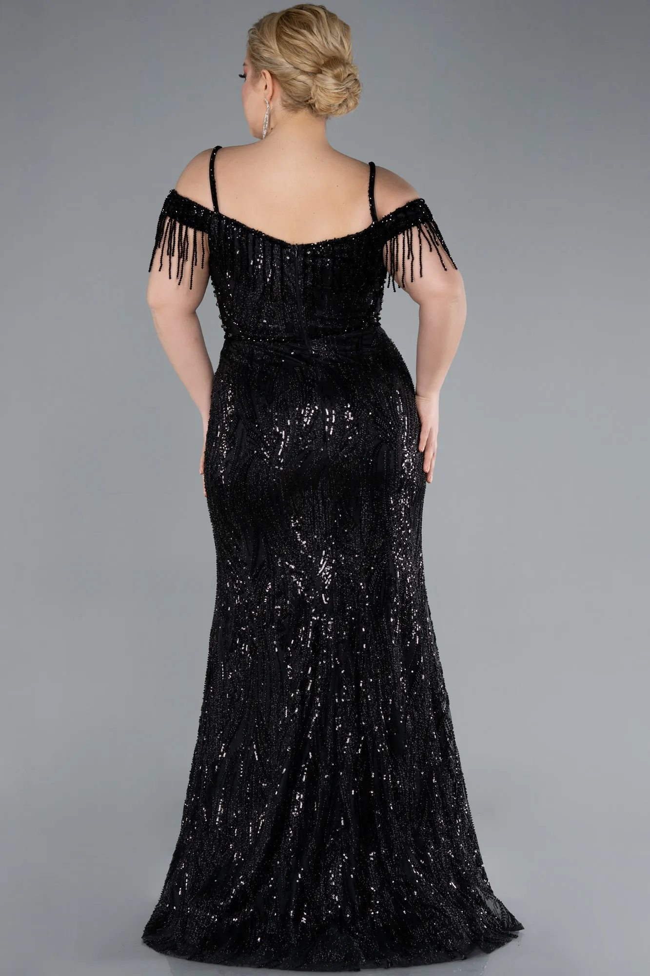 Black-Fringe Sleeves Sequin Cold Shoulder Evening Gown ABU4838
