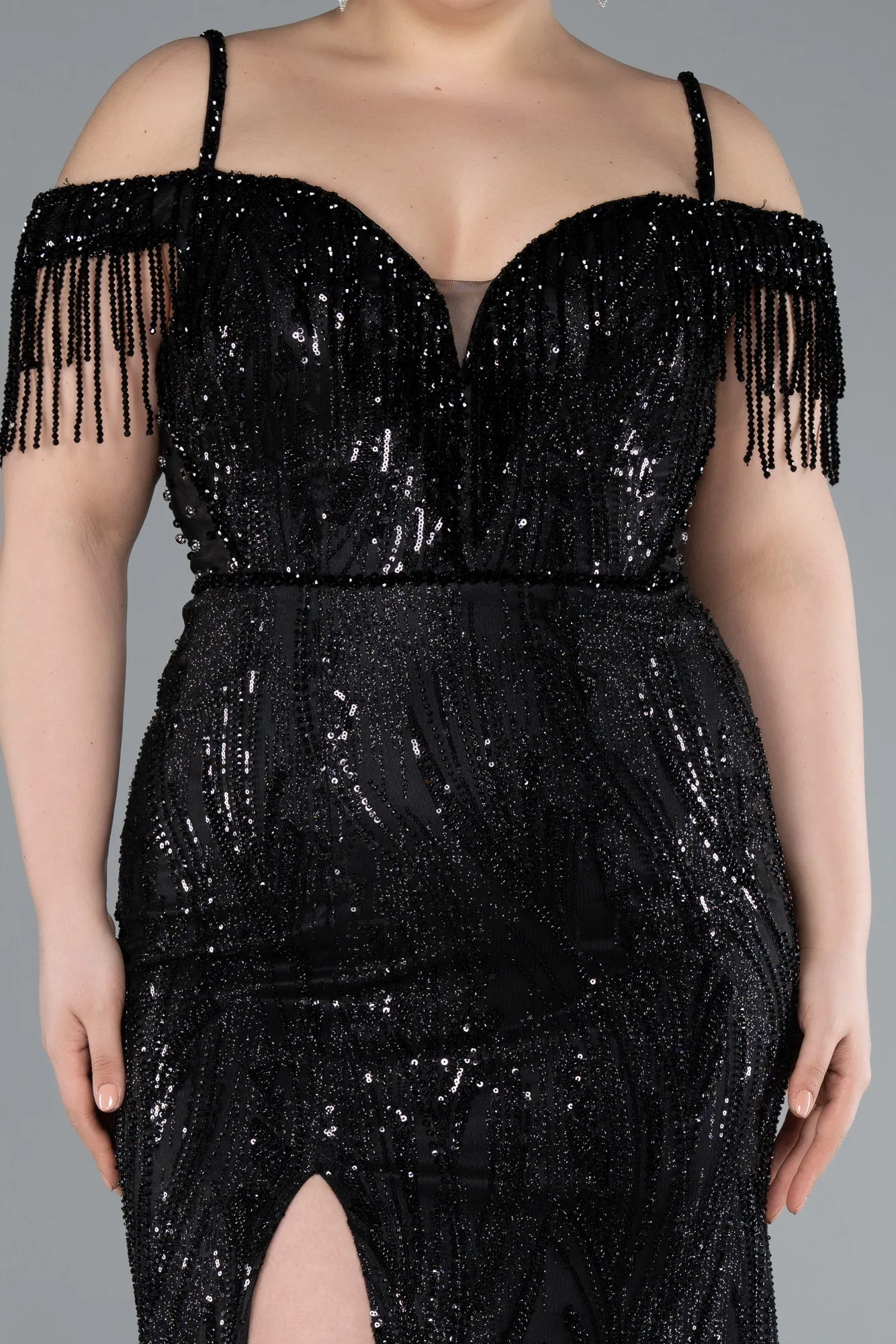 Black-Fringe Sleeves Sequin Cold Shoulder Evening Gown ABU4838