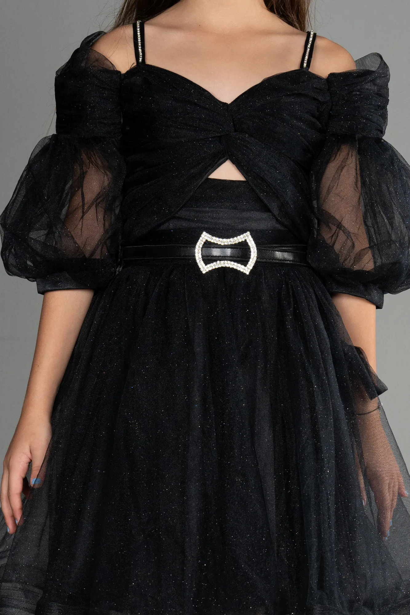 Black-Front Short Back Long Girl Dress ABO090