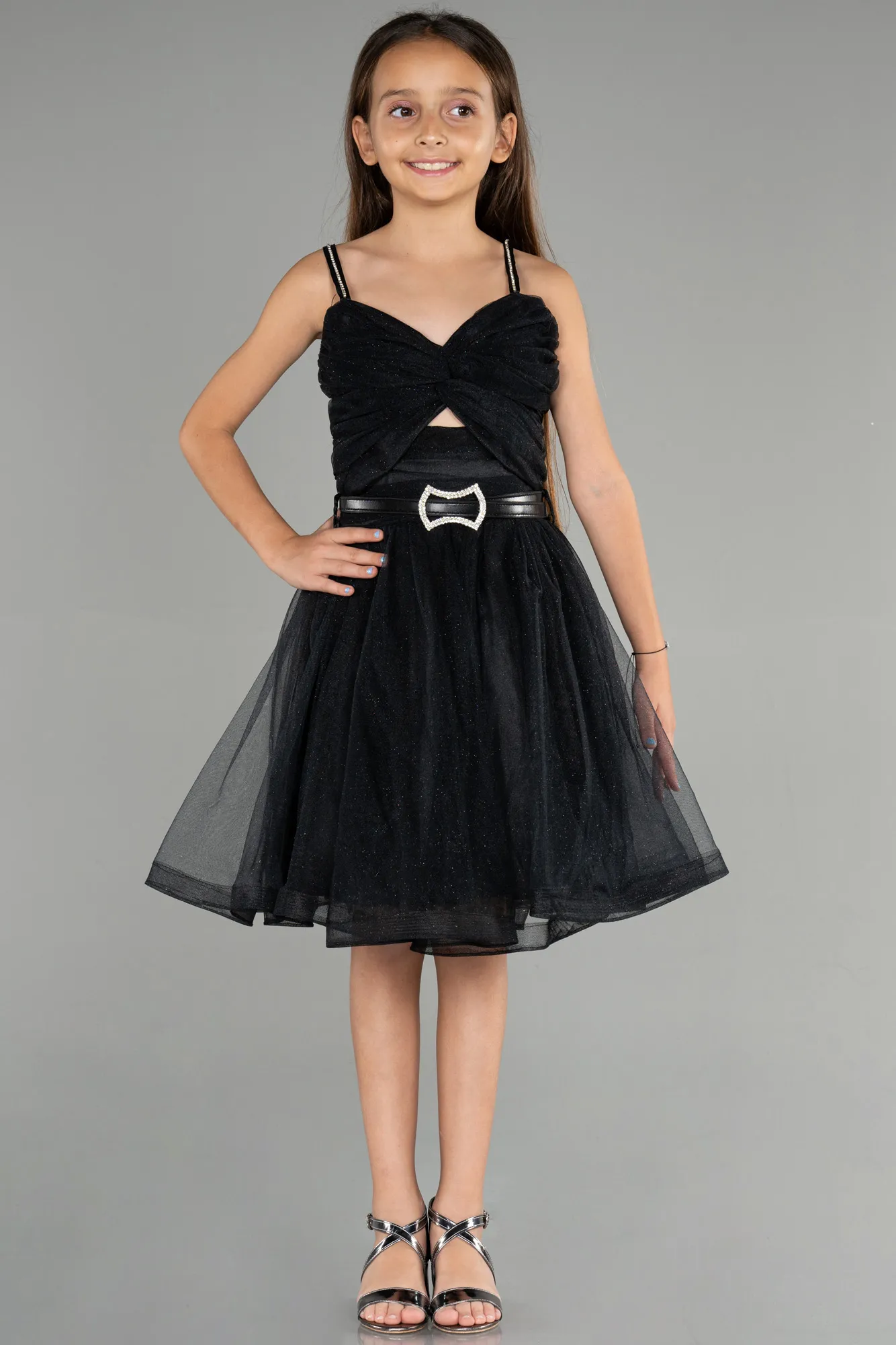 Black-Front Short Back Long Girl Dress ABO090