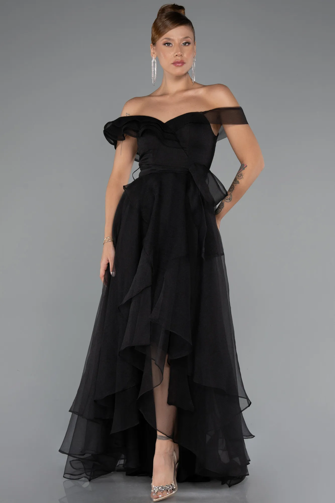 Black-Front Short Back Long Prom Gown ABO120
