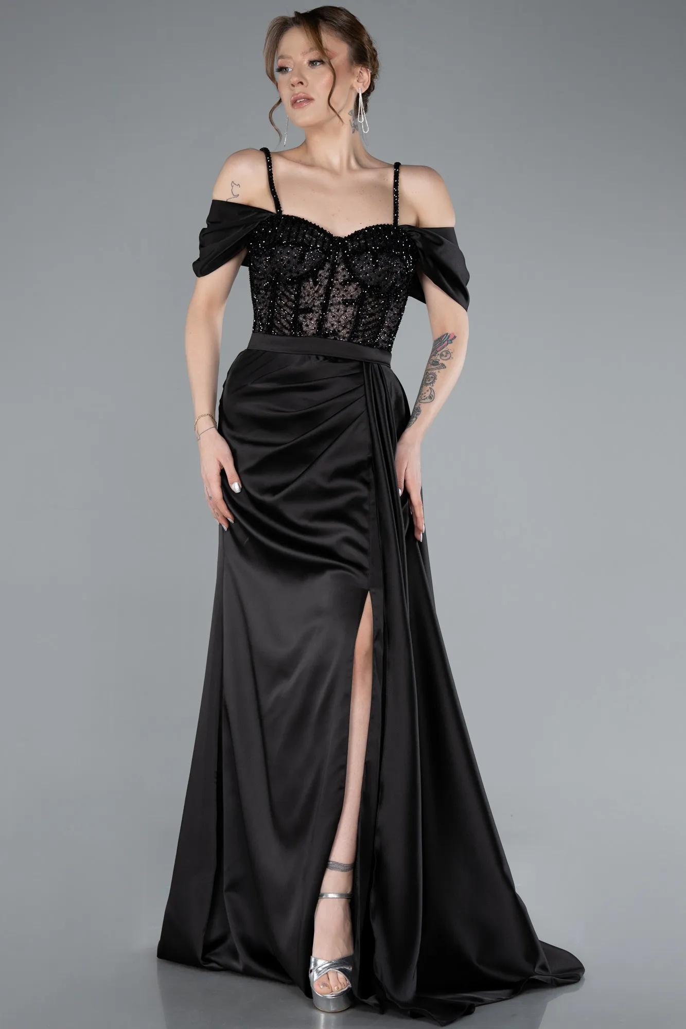 Black-Glittery Underwire Slit Long Satin Evening Gown ABU4801