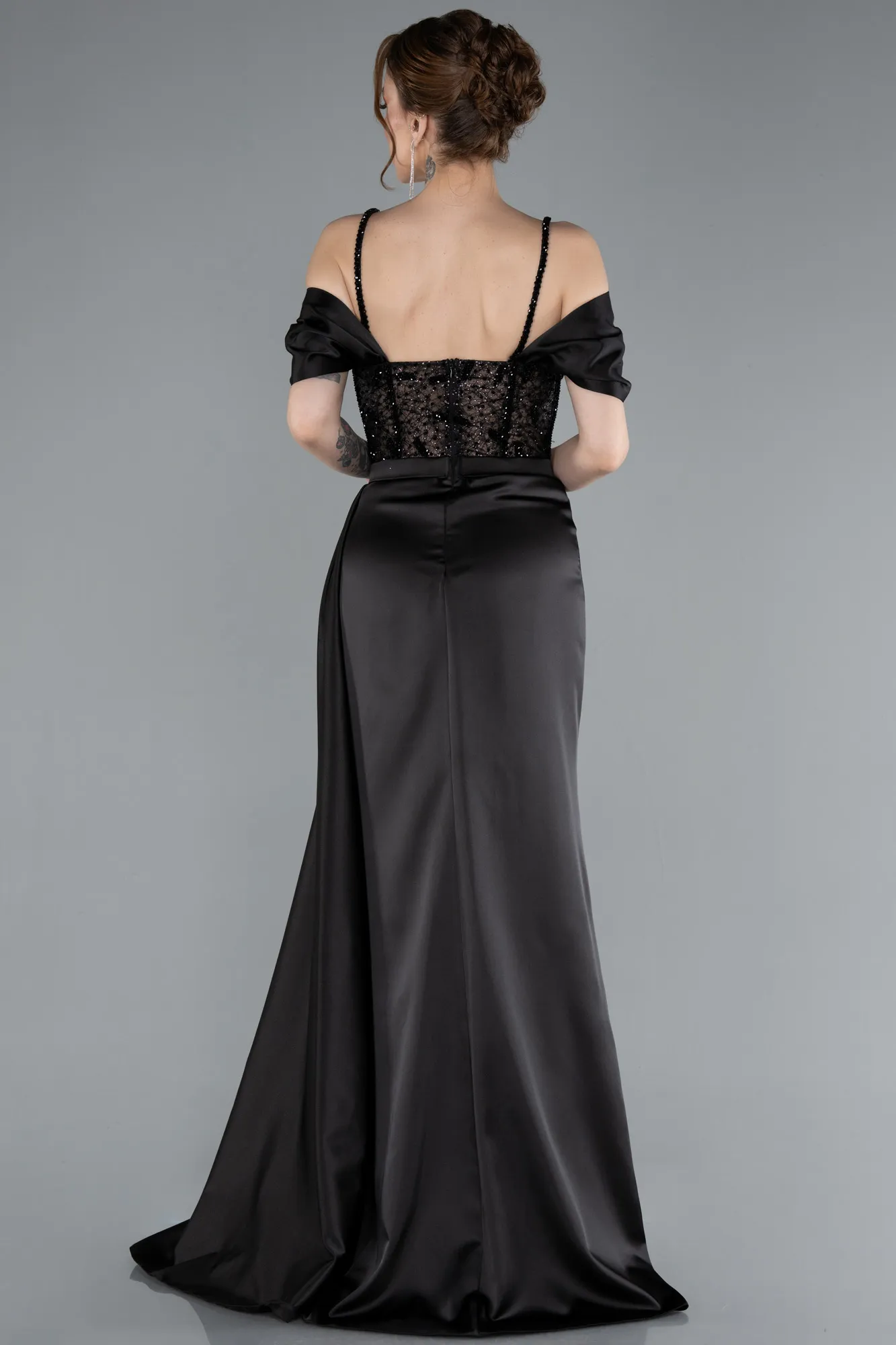 Black-Glittery Underwire Slit Long Satin Evening Gown ABU4801