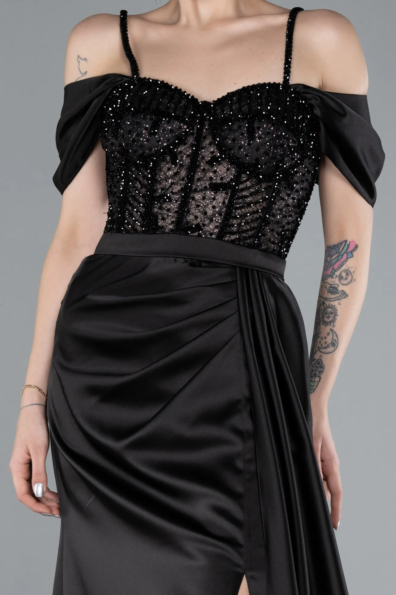 Black-Glittery Underwire Slit Long Satin Evening Gown ABU4801