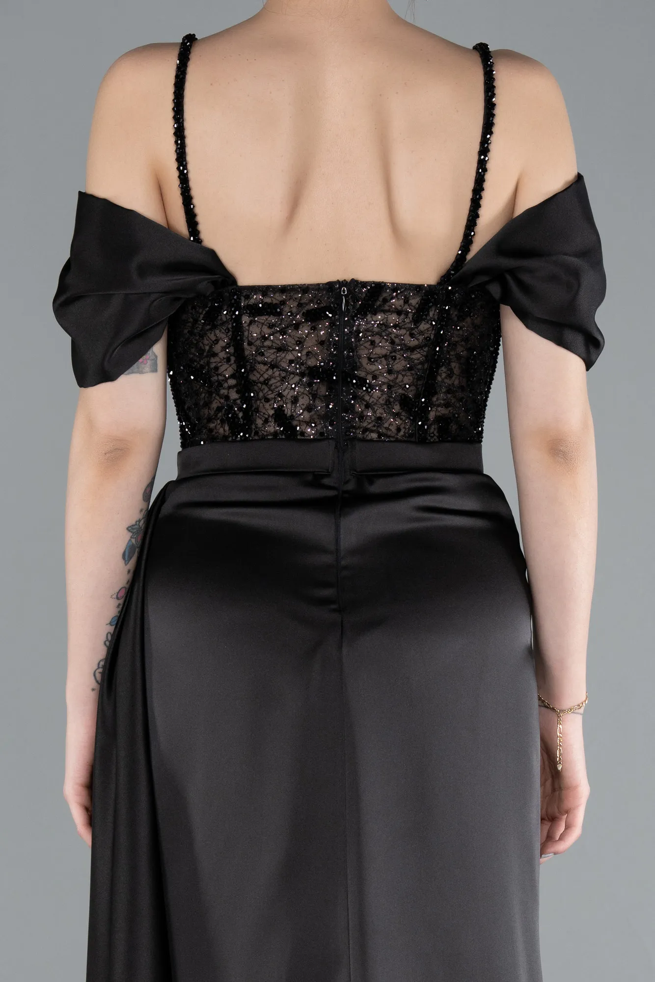 Black-Glittery Underwire Slit Long Satin Evening Gown ABU4801