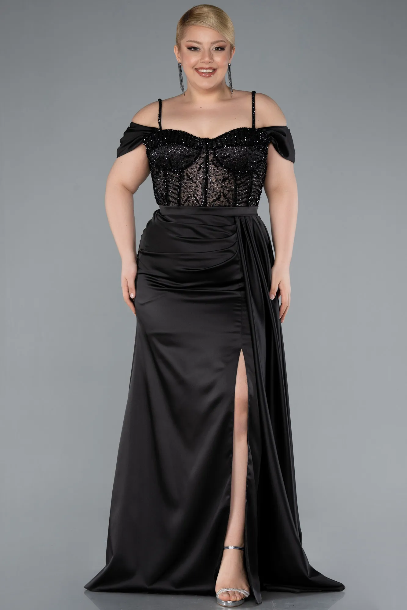 Black-Glittery Underwire Slit Long Satin Plus Size Evening Gown ABU4803