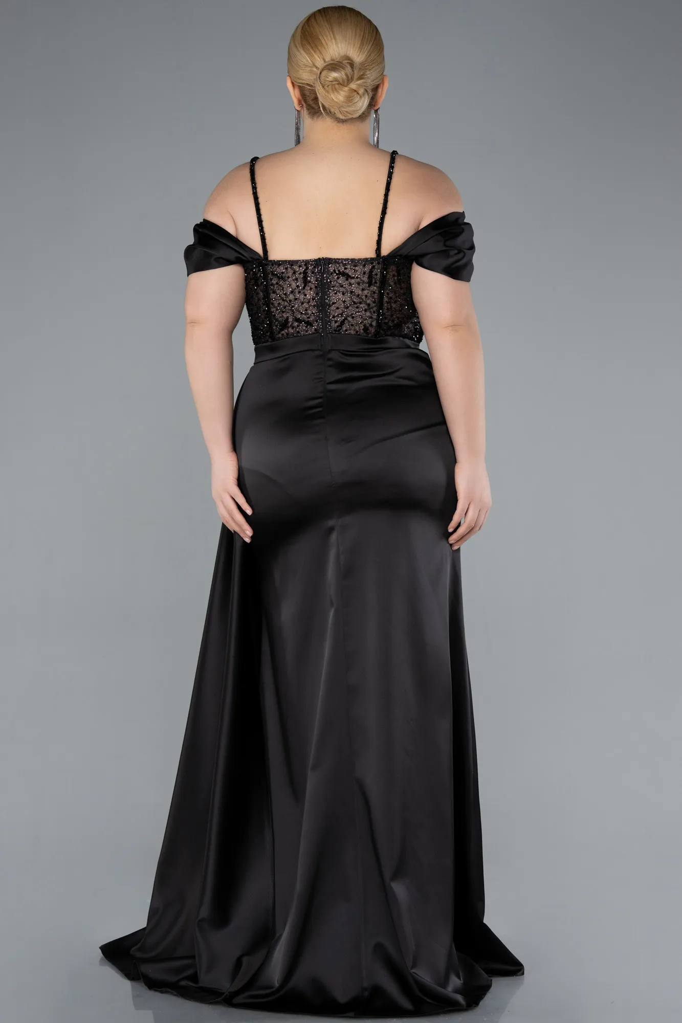Black-Glittery Underwire Slit Long Satin Plus Size Evening Gown ABU4803