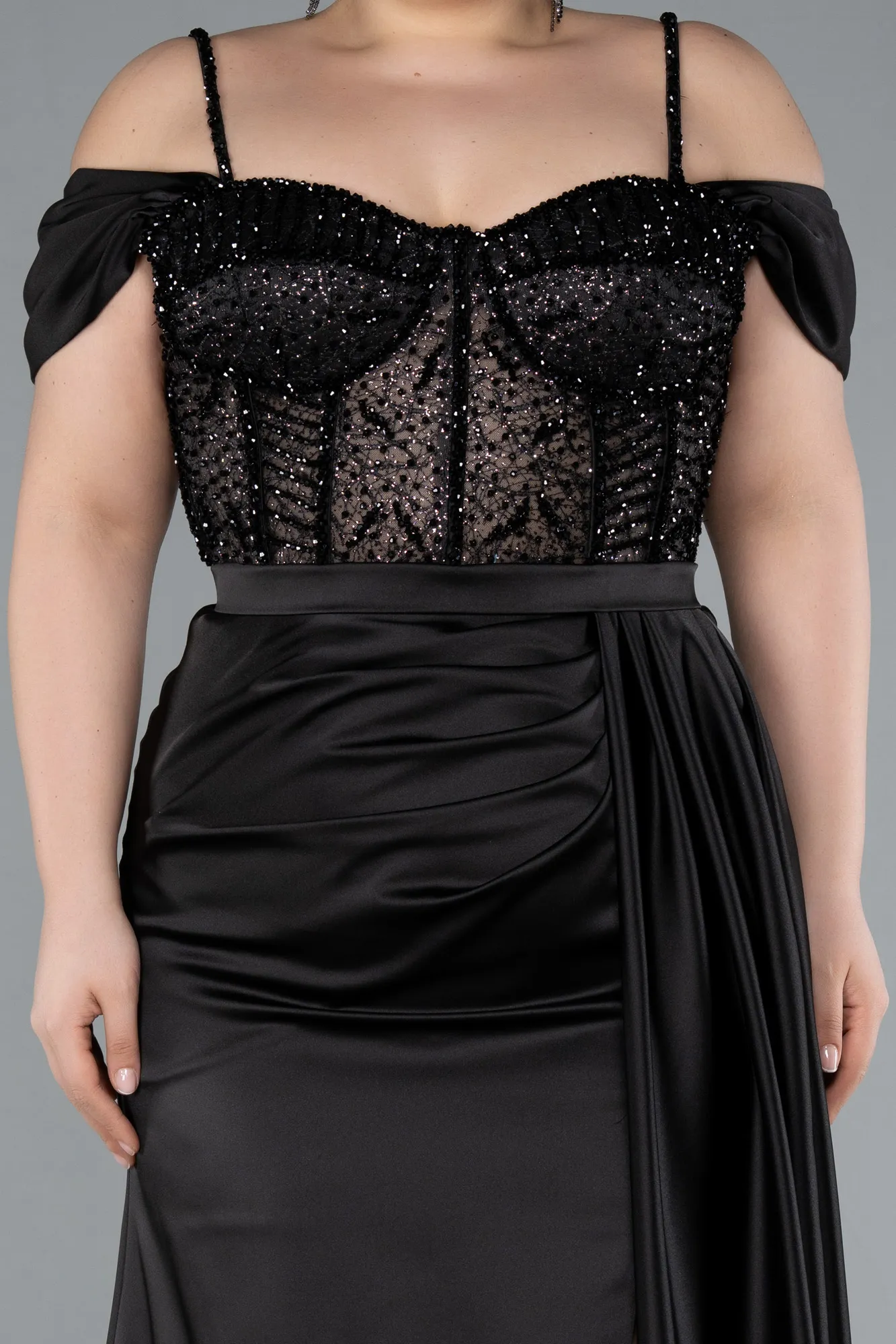 Black-Glittery Underwire Slit Long Satin Plus Size Evening Gown ABU4803