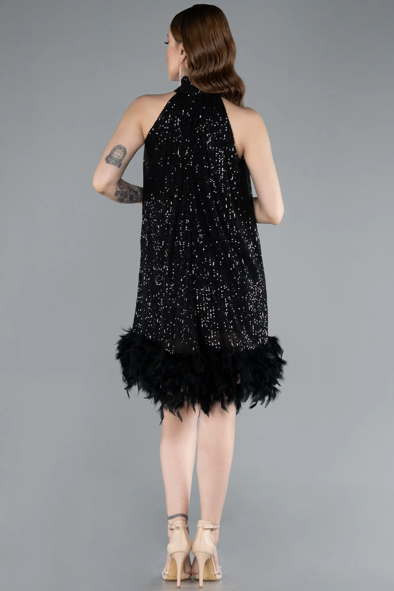 Black-Halter Neck Feathered Skirt Sequined Party Dress ABK2348