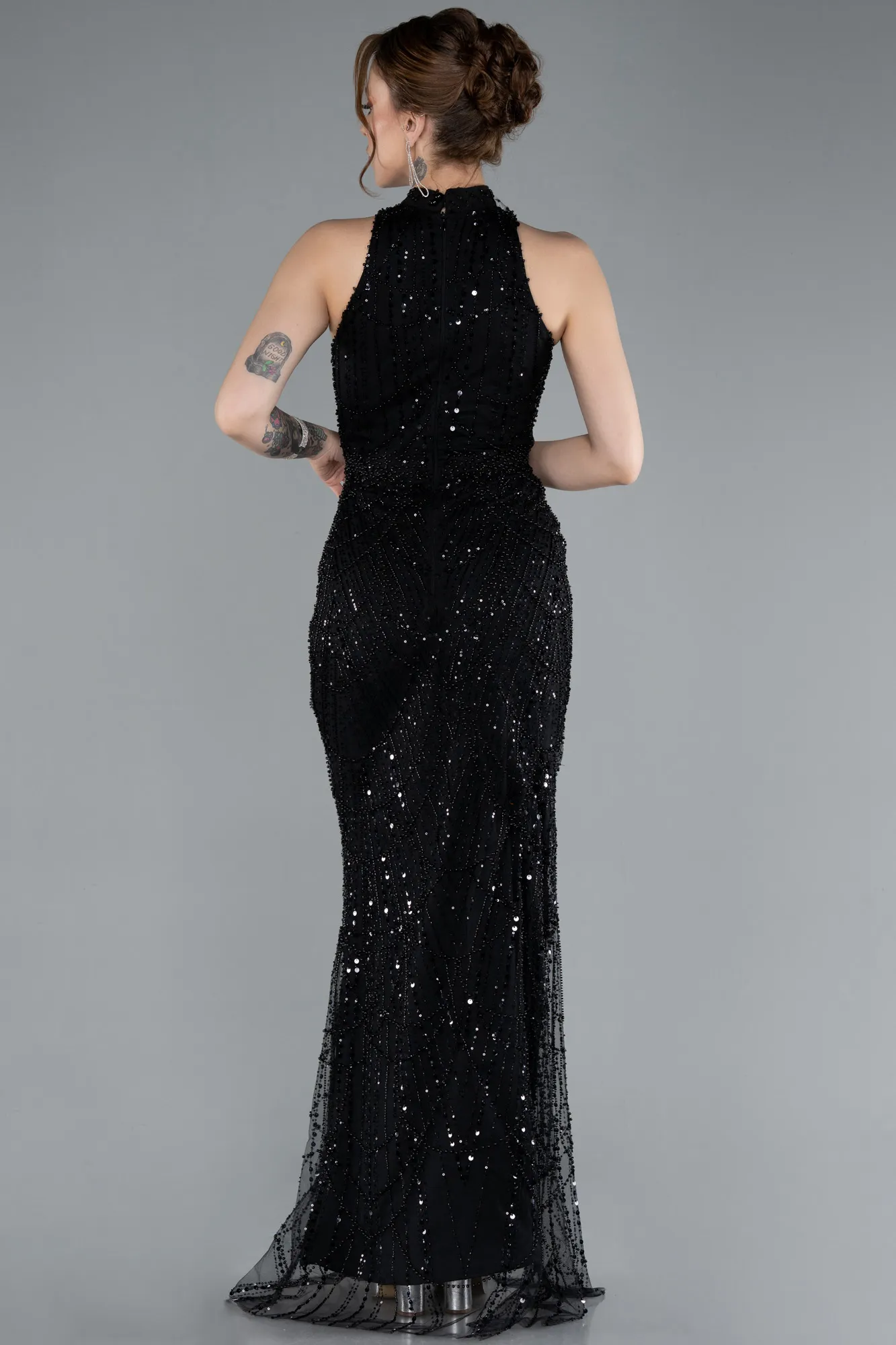 Black-Halter Neck Long Beaded Mermaid Evening Gown ABU4791