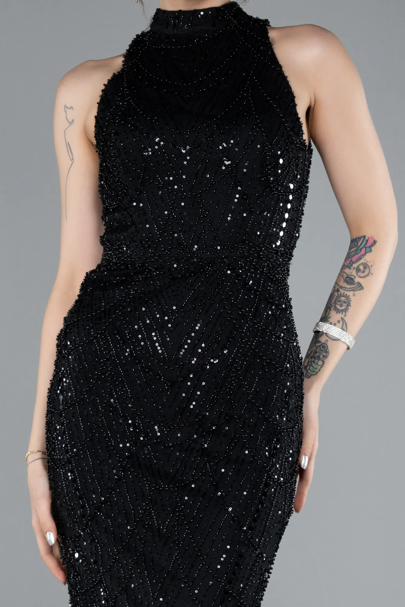 Black-Halter Neck Long Beaded Mermaid Evening Gown ABU4791