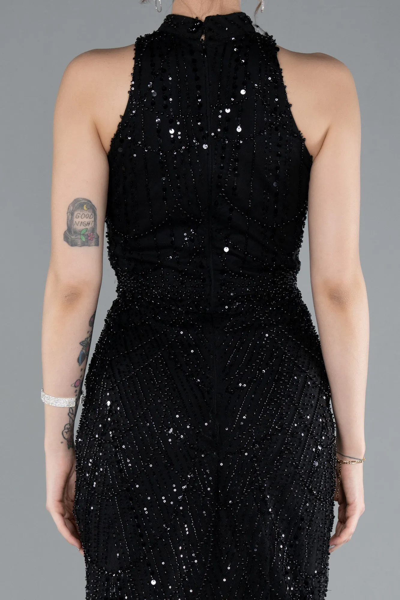 Black-Halter Neck Long Beaded Mermaid Evening Gown ABU4791