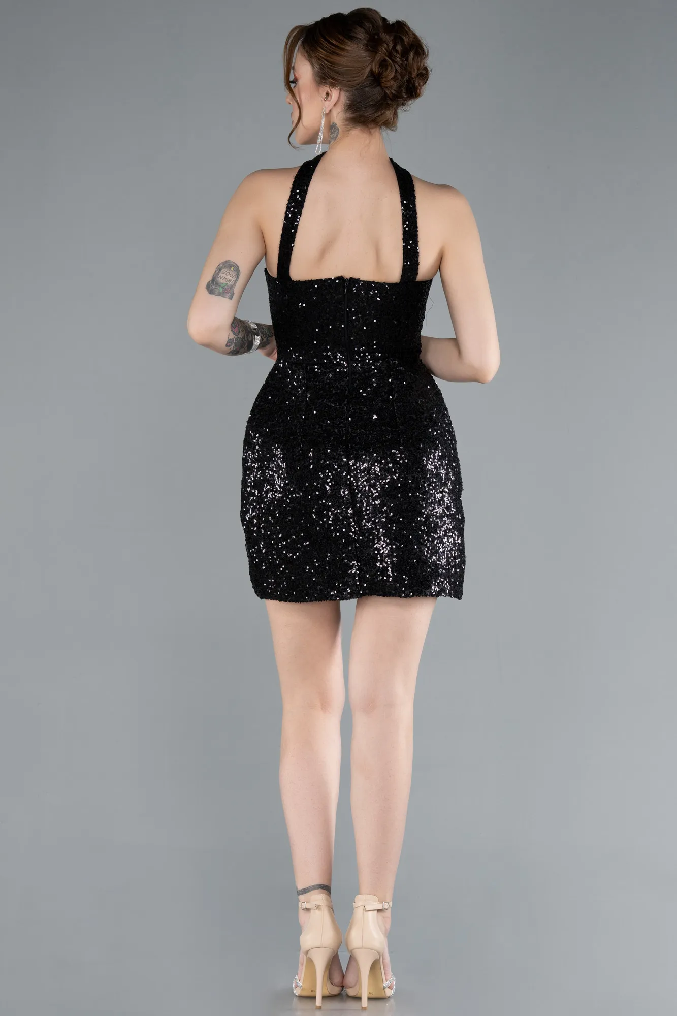 Black-Halter Neck Mini Sequin Party Dress ABK2201