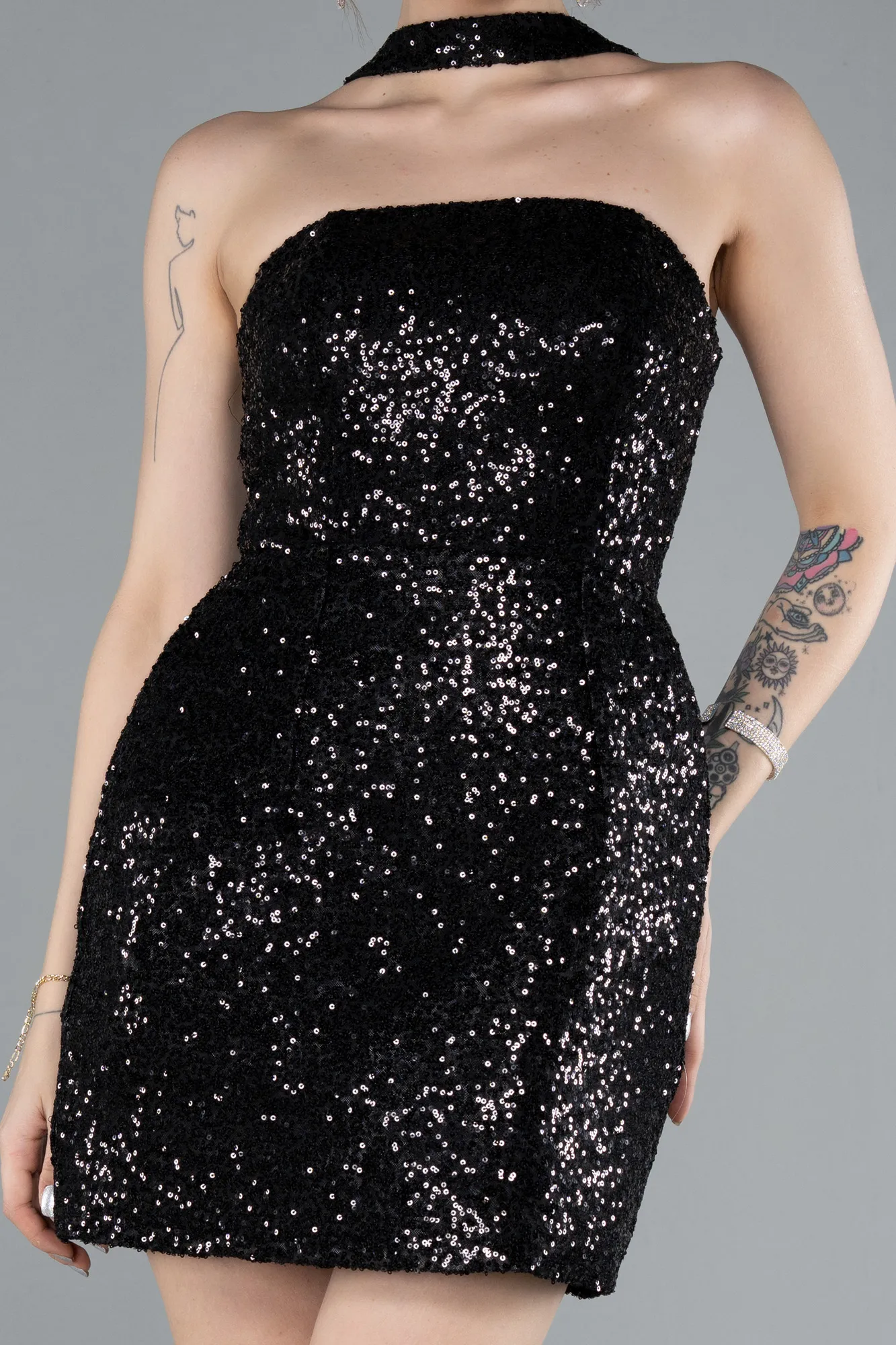 Black-Halter Neck Mini Sequin Party Dress ABK2201