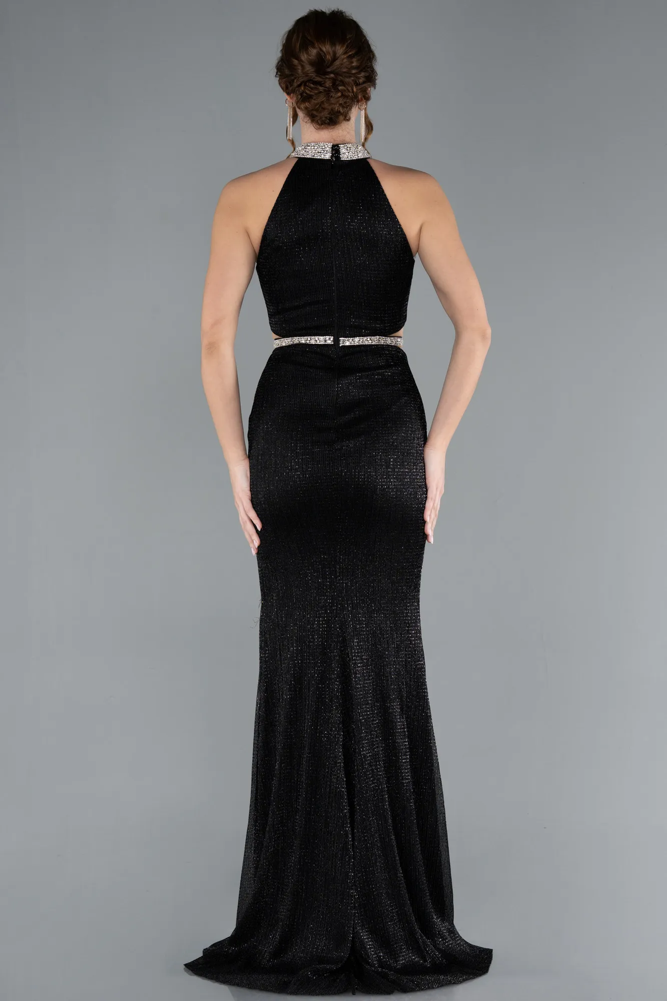 Black-Halter Neck Slit Long Glitter Mermaid Evening Gown ABU4766