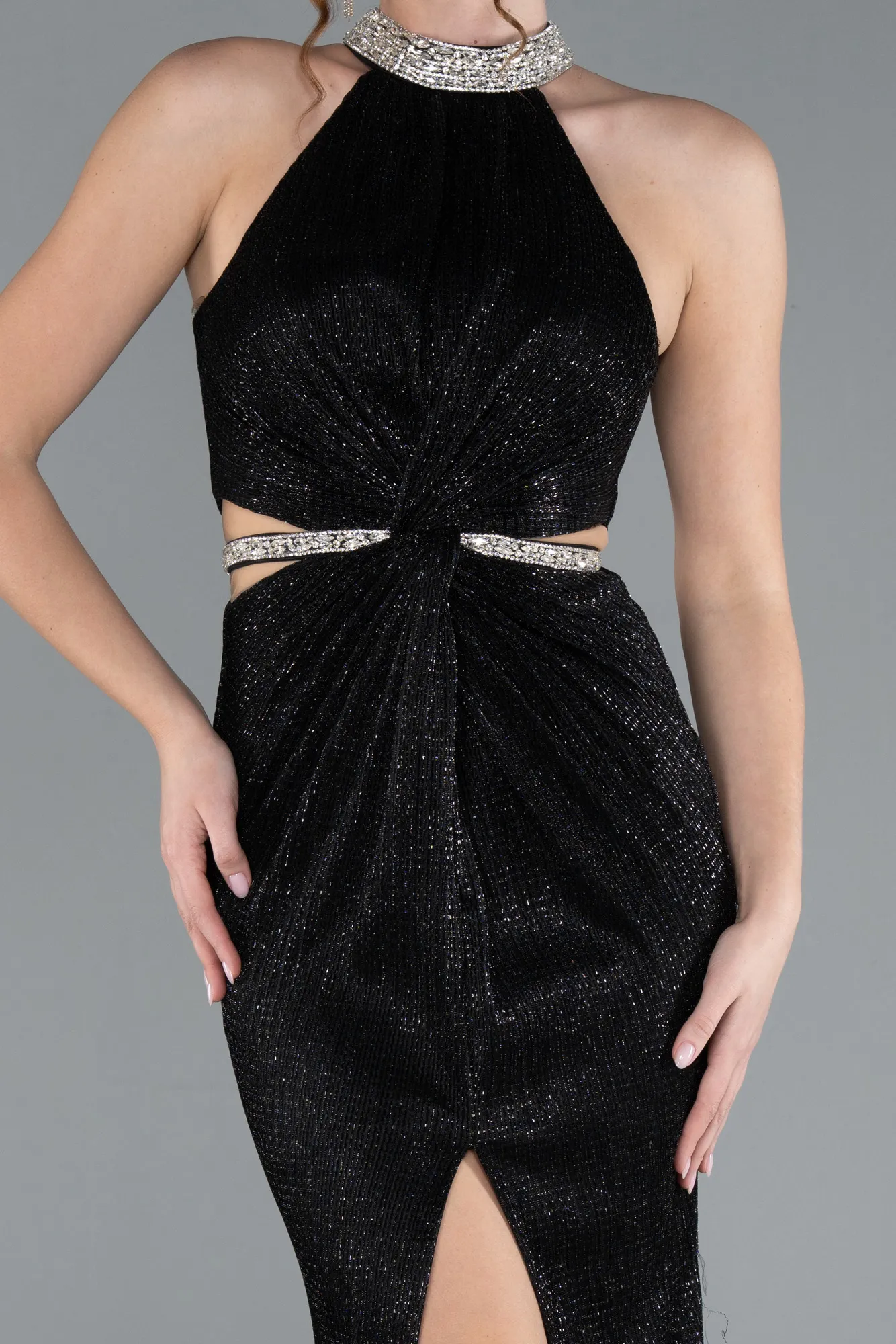 Black-Halter Neck Slit Long Glitter Mermaid Evening Gown ABU4766