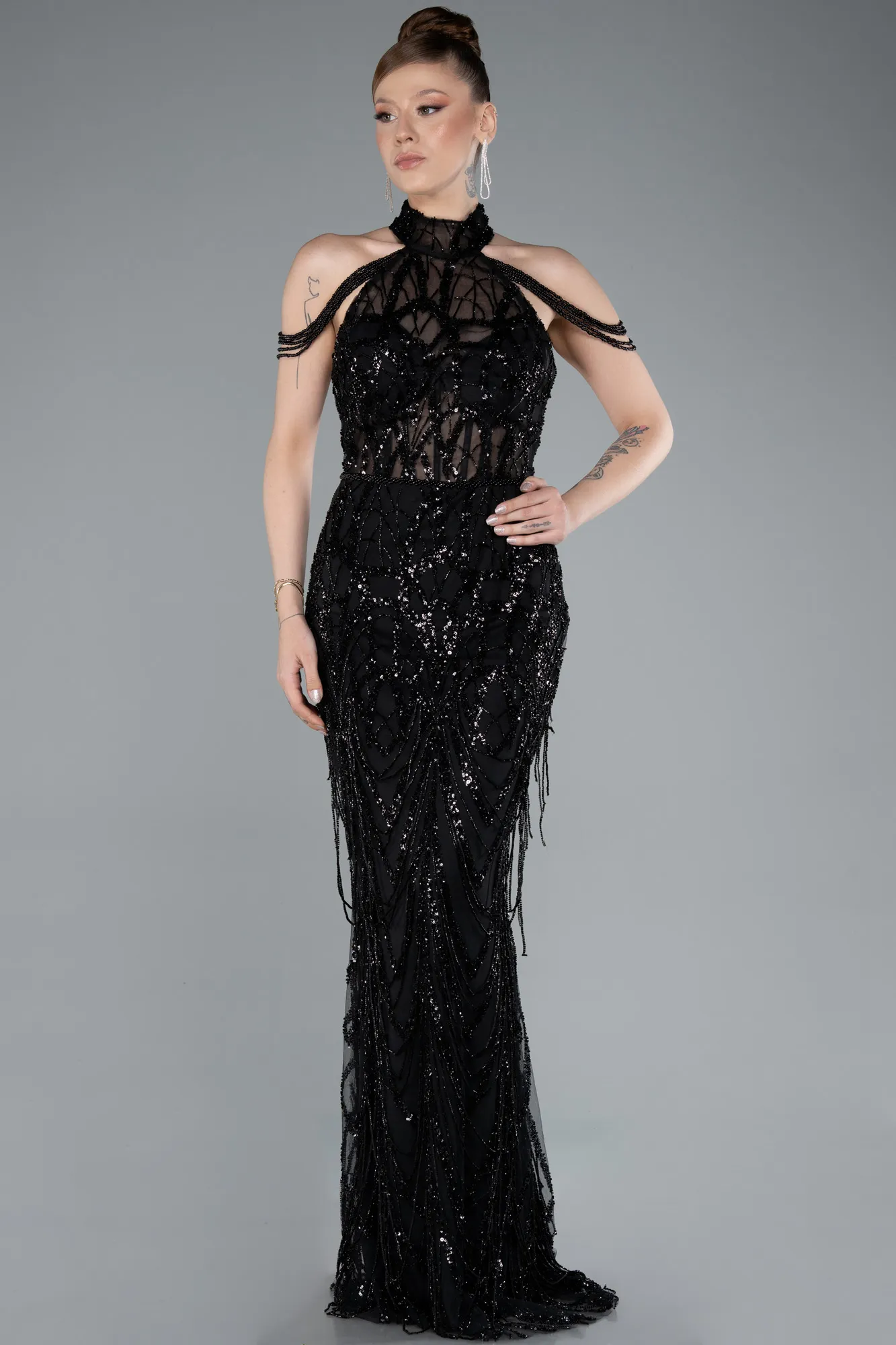 Black-Long Beaded Evening Dress ABU4912