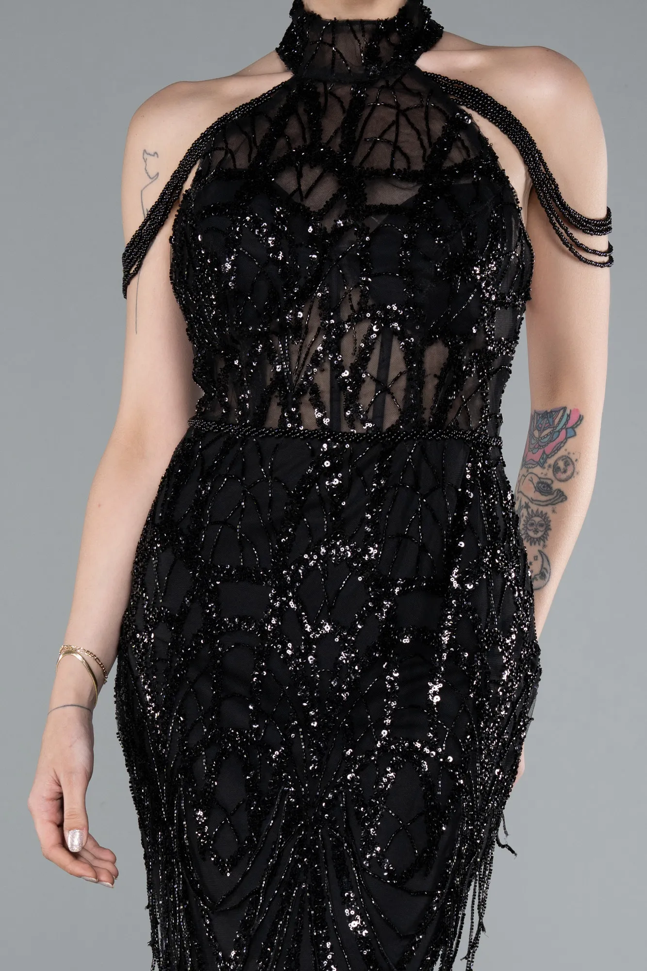 Black-Long Beaded Evening Dress ABU4912