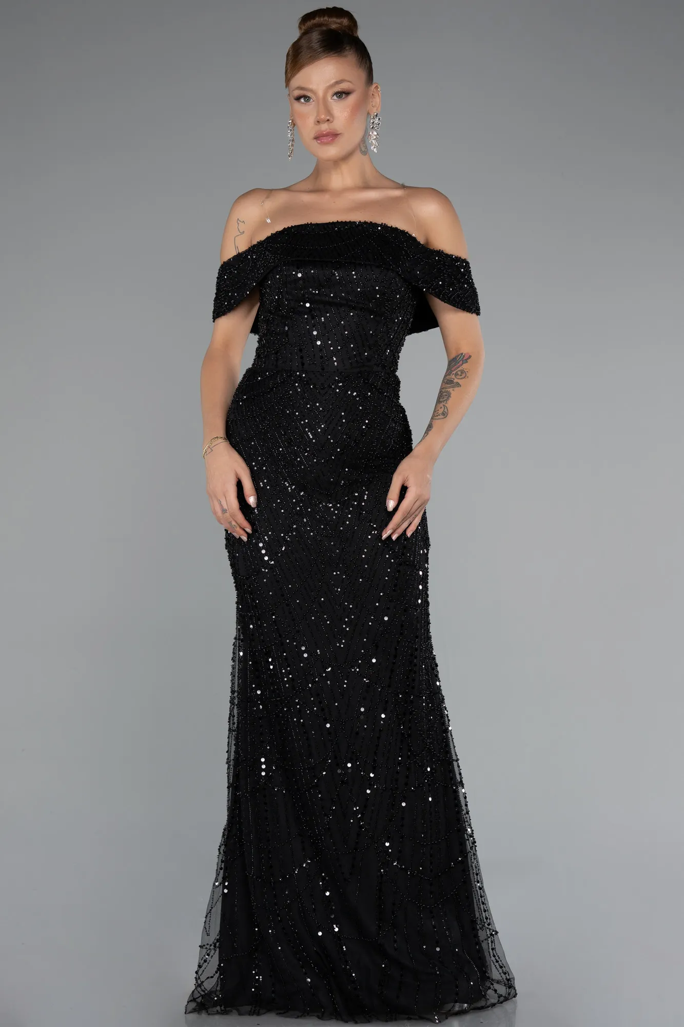 Black-Long Beaded Evening Dress ABU5137