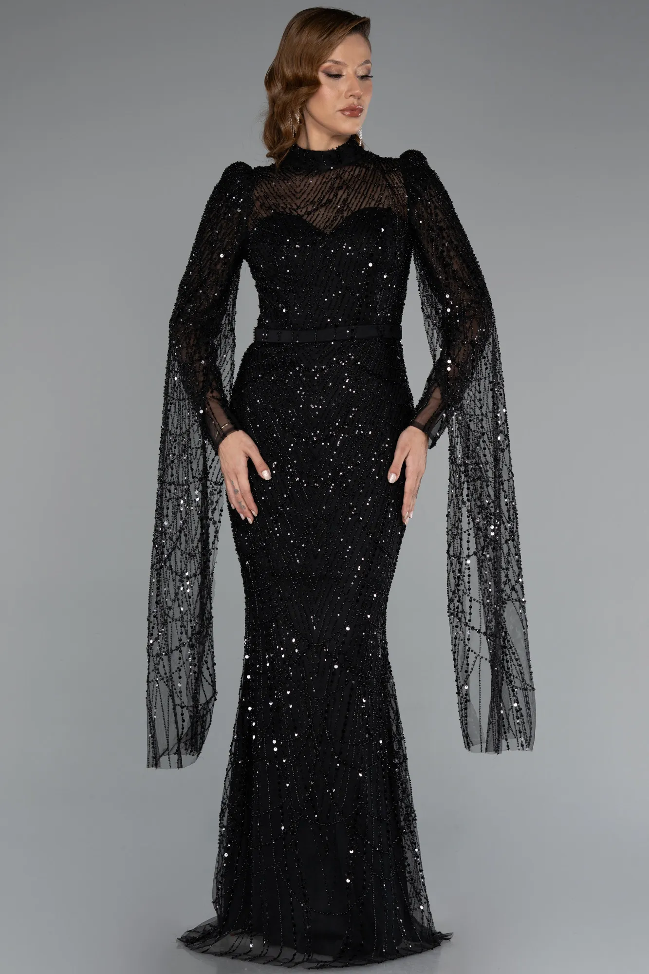 Black-Long Beaded Evening Dress ABU5152