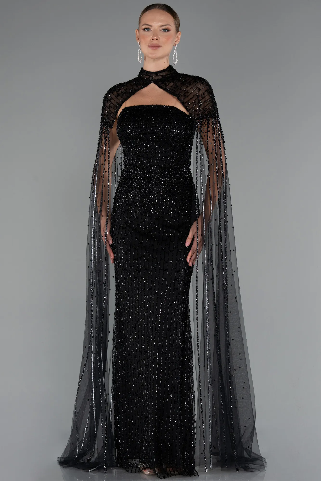 Black-Long Beaded Evening Dress ABU5236