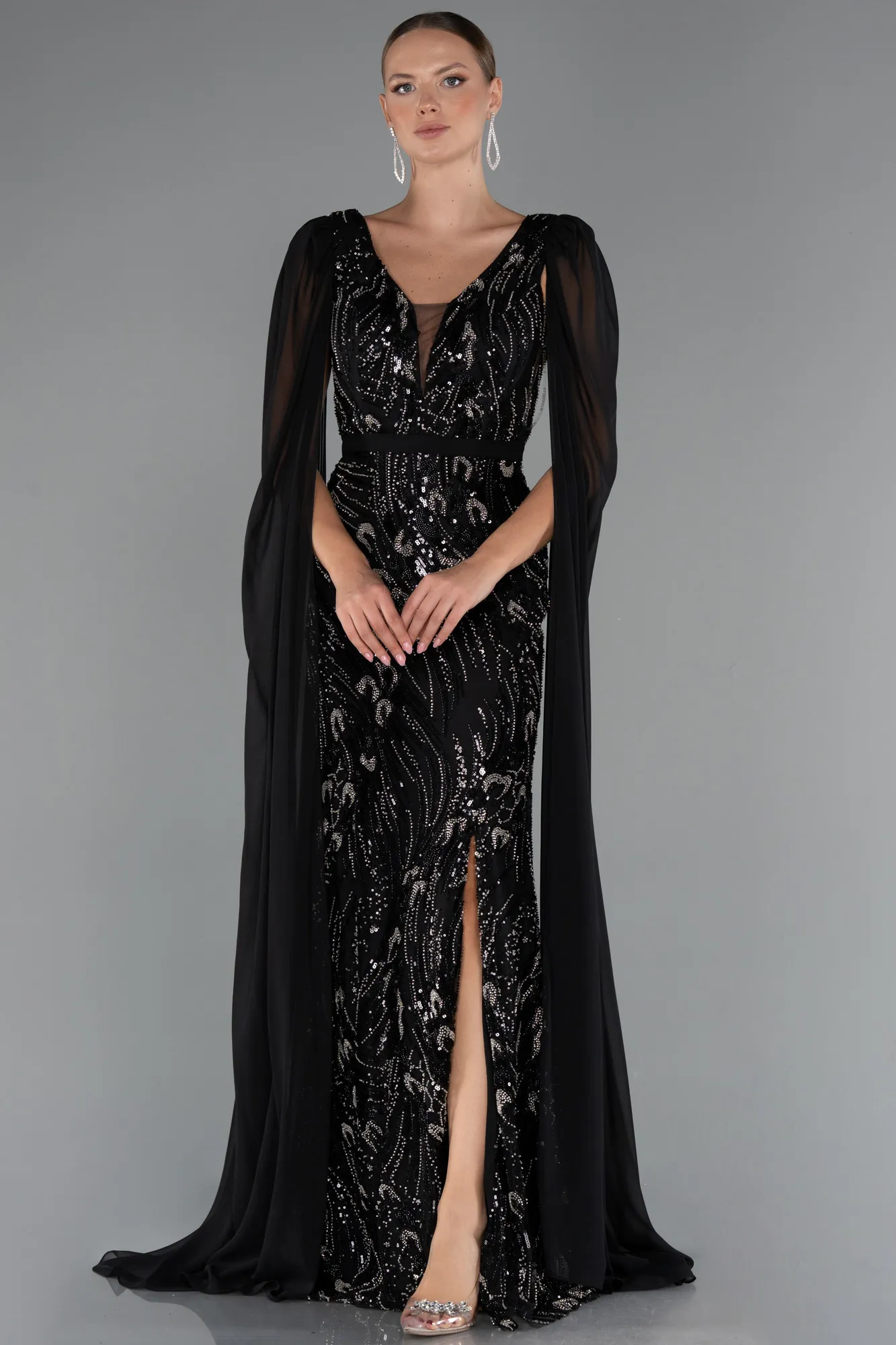 Black-Long Beaded Evening Dress ABU5248