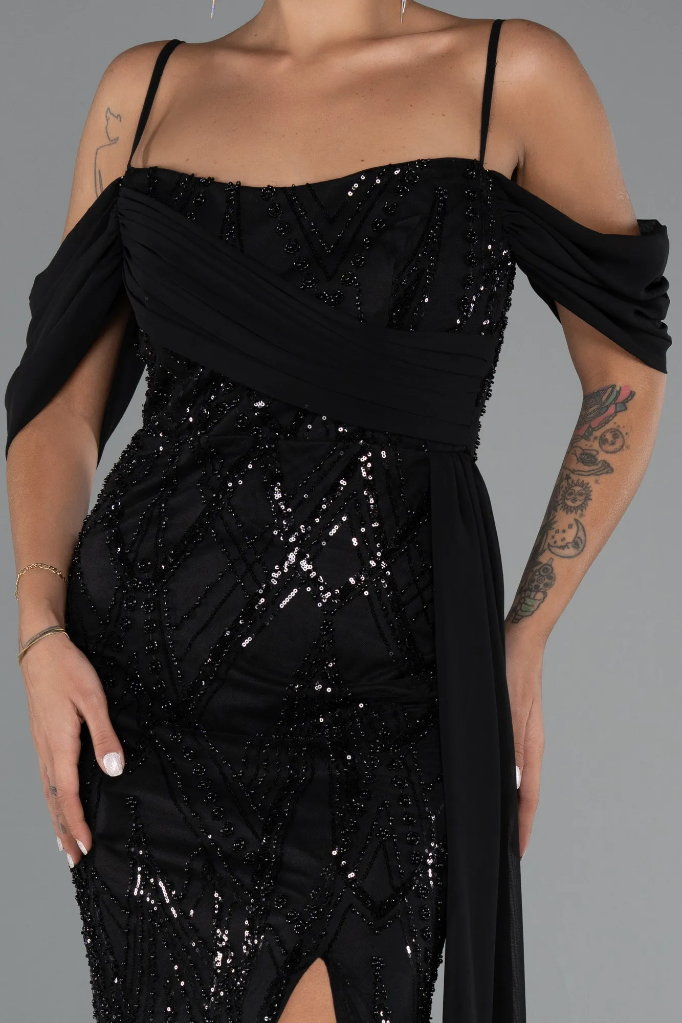 Black-Long Beaded Evening Dress ABU5316