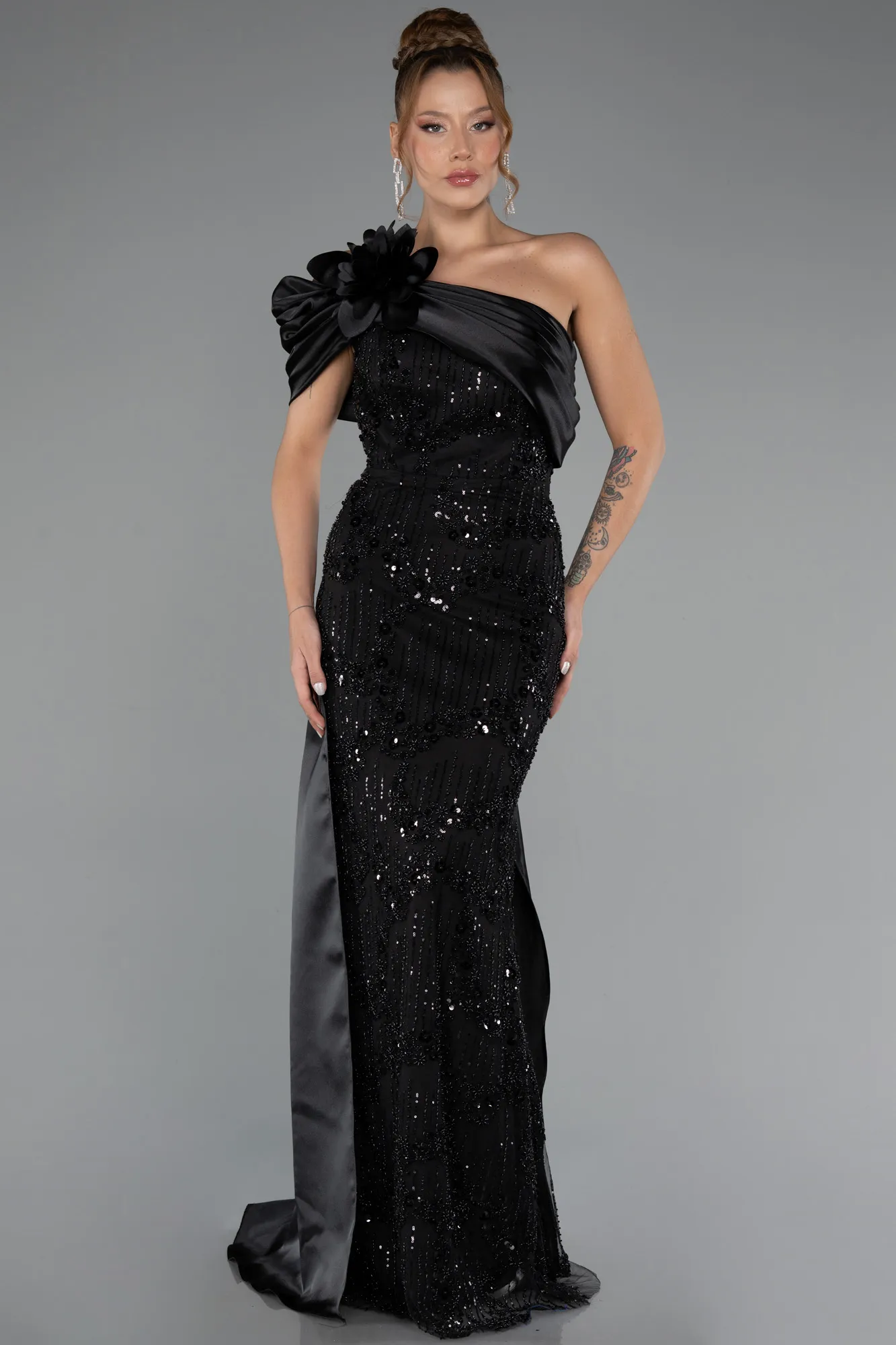 Black-Long Beaded Evening Dress ABU5361