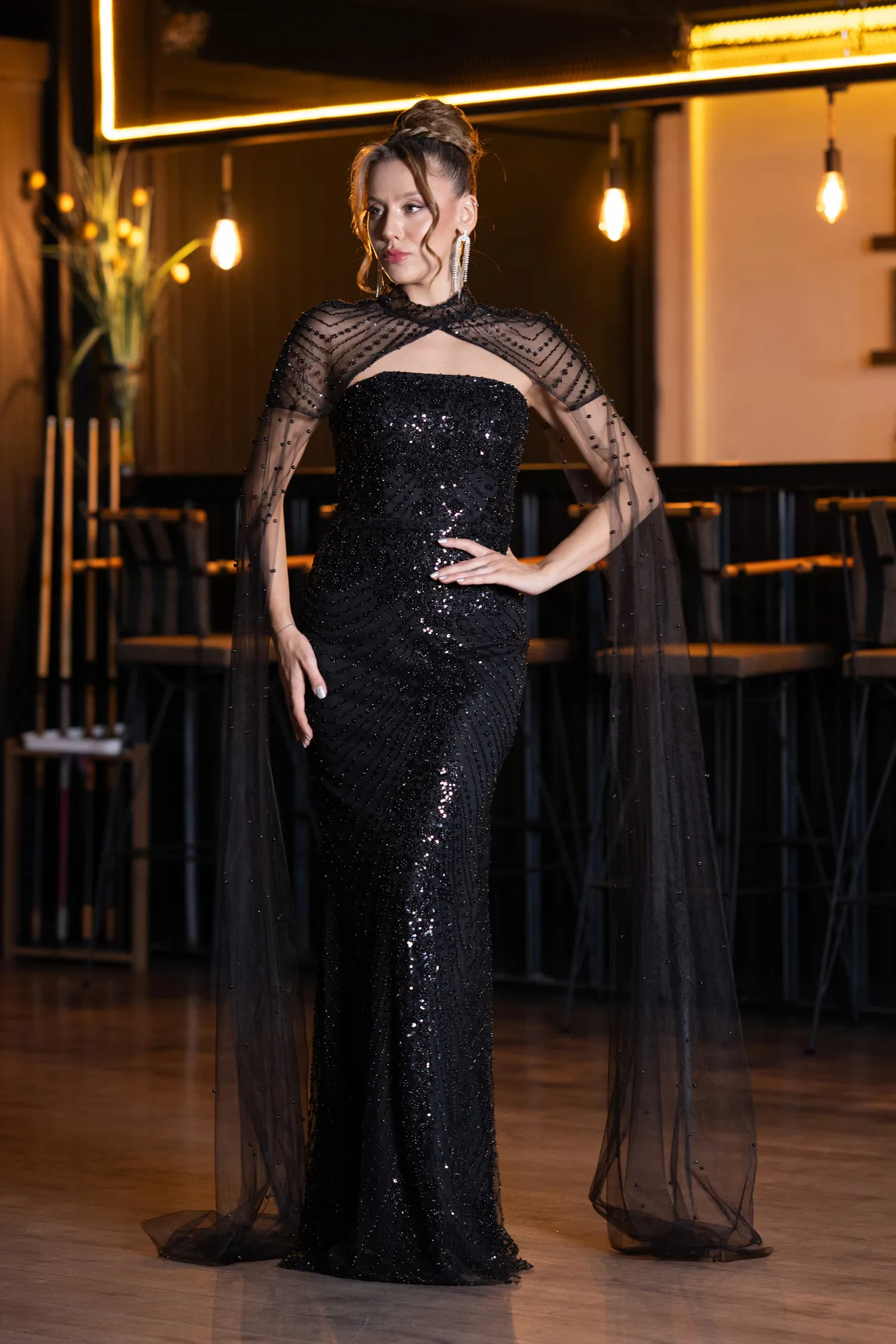 Black-Long Beaded Evening Dress ABU5363