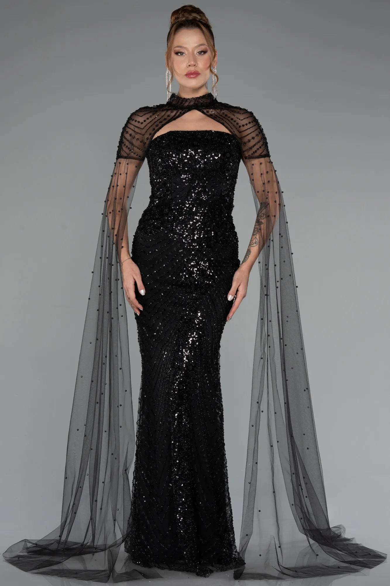 Black-Long Beaded Evening Dress ABU5363